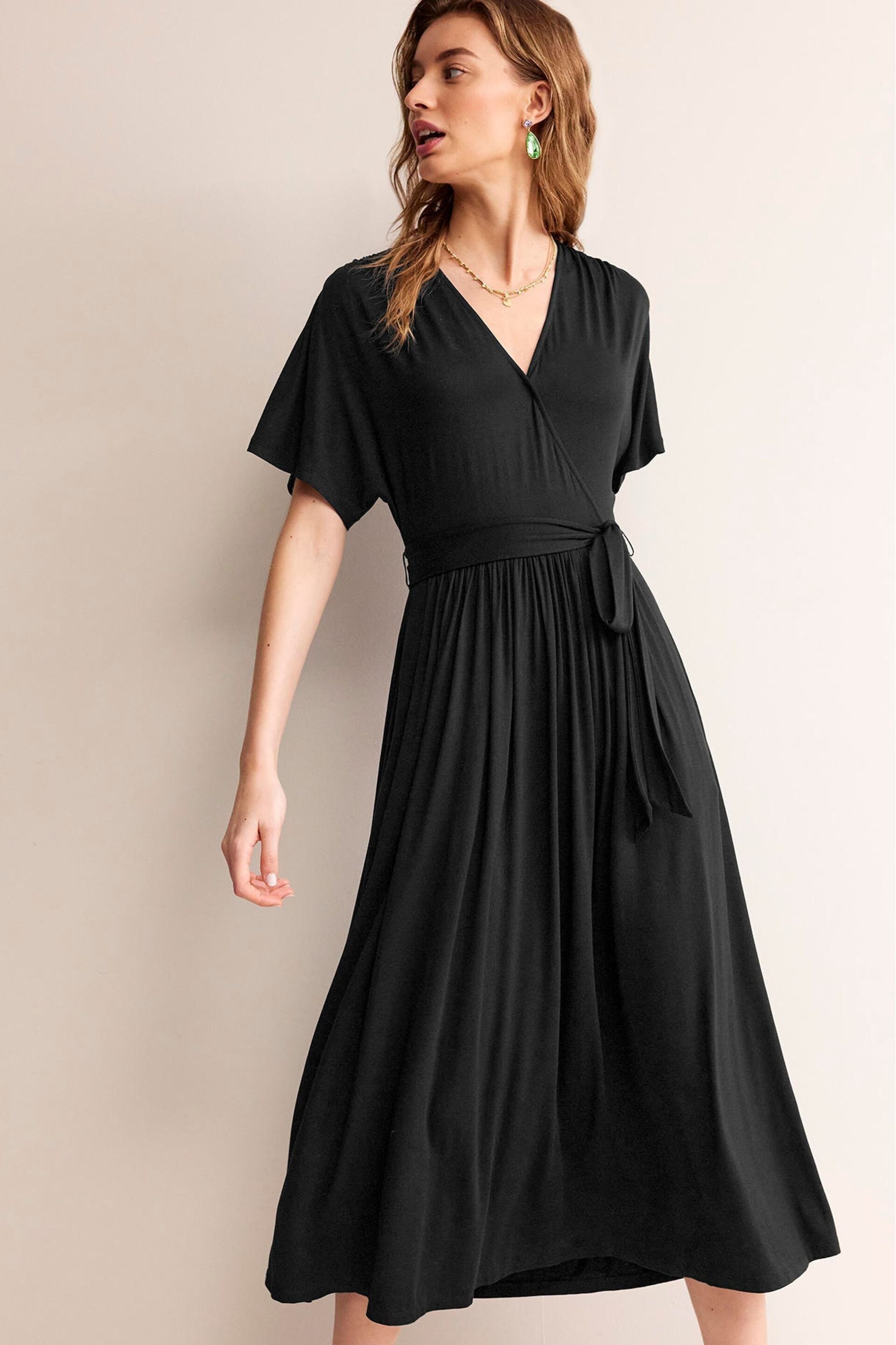 Boden Black Petite Kimono Wrap Jersey Midi Dress - Image 4 of 5