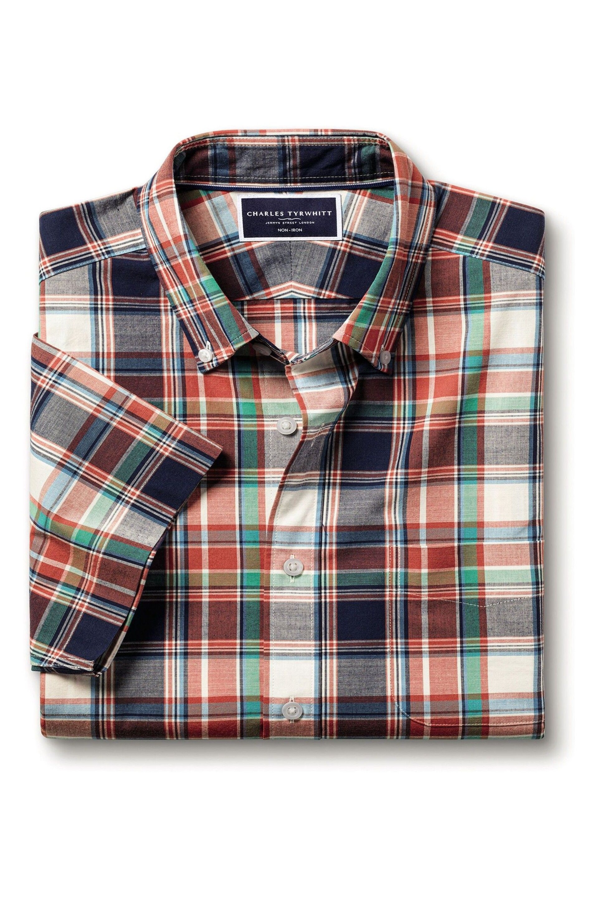 Charles Tyrwhitt Red Check Sf Short Sleeve Noniron Stretch Poplin Slub Shirt - Image 4 of 6