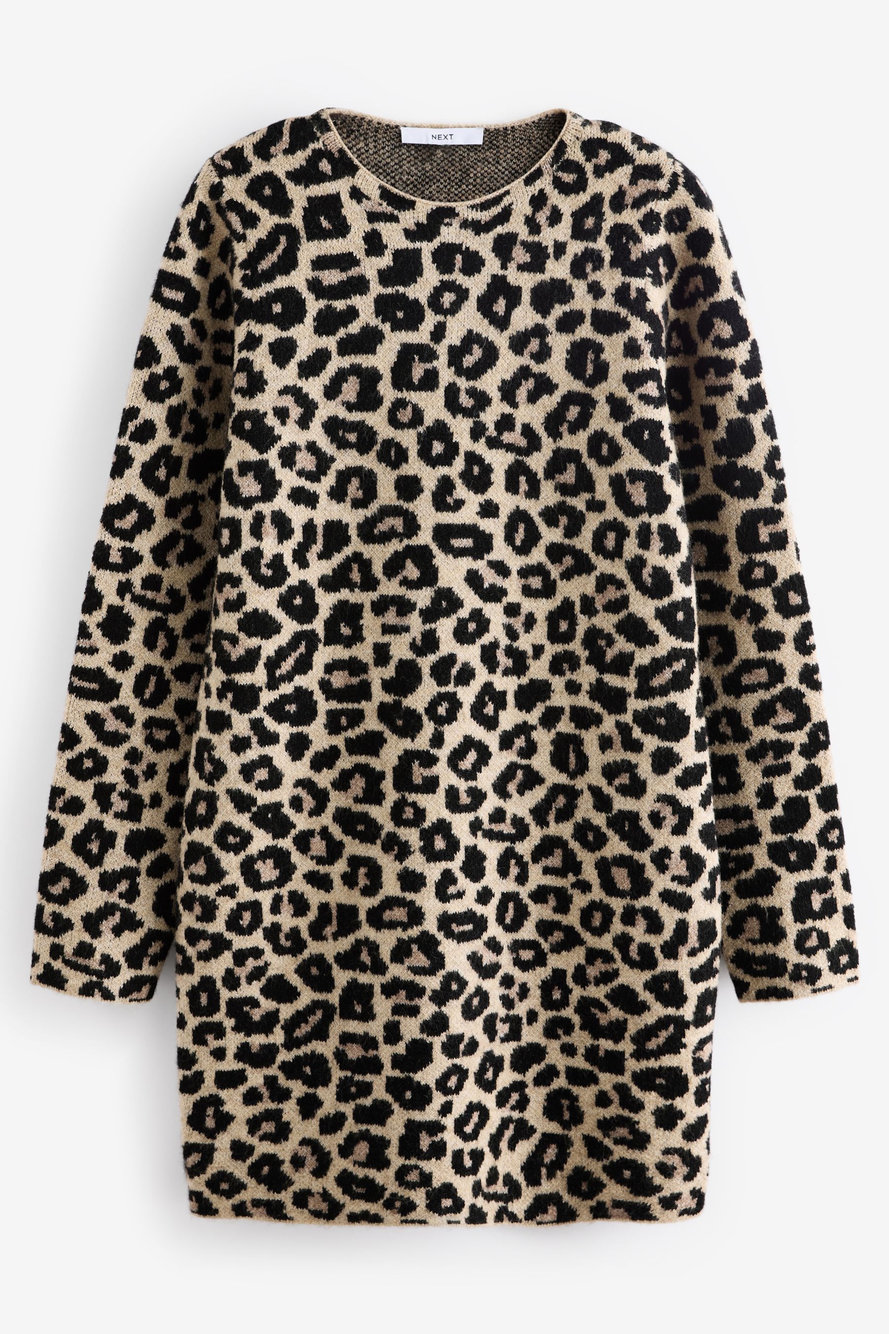 Buy Neutral Leopard Animal Print Long Sleeve Short Knitted Shift Jumper Dress from Next Luxembourg