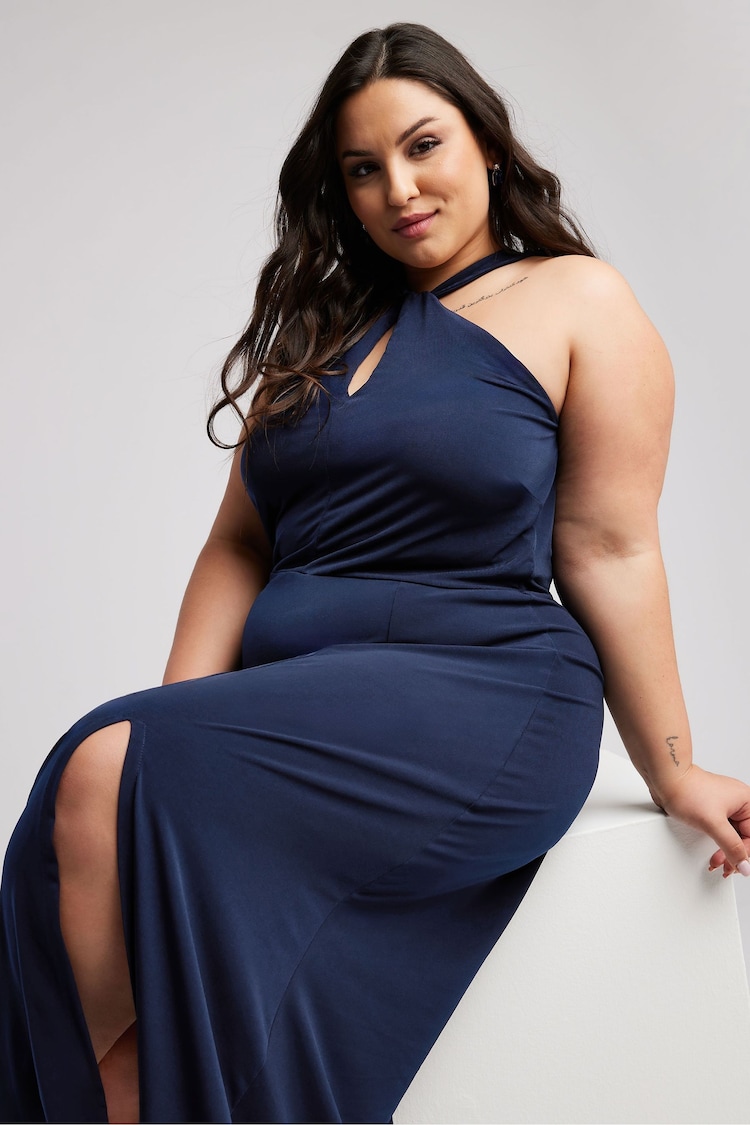 Yours Curve Blue London Twist Halterneck Maxi Dress - Image 2 of 5