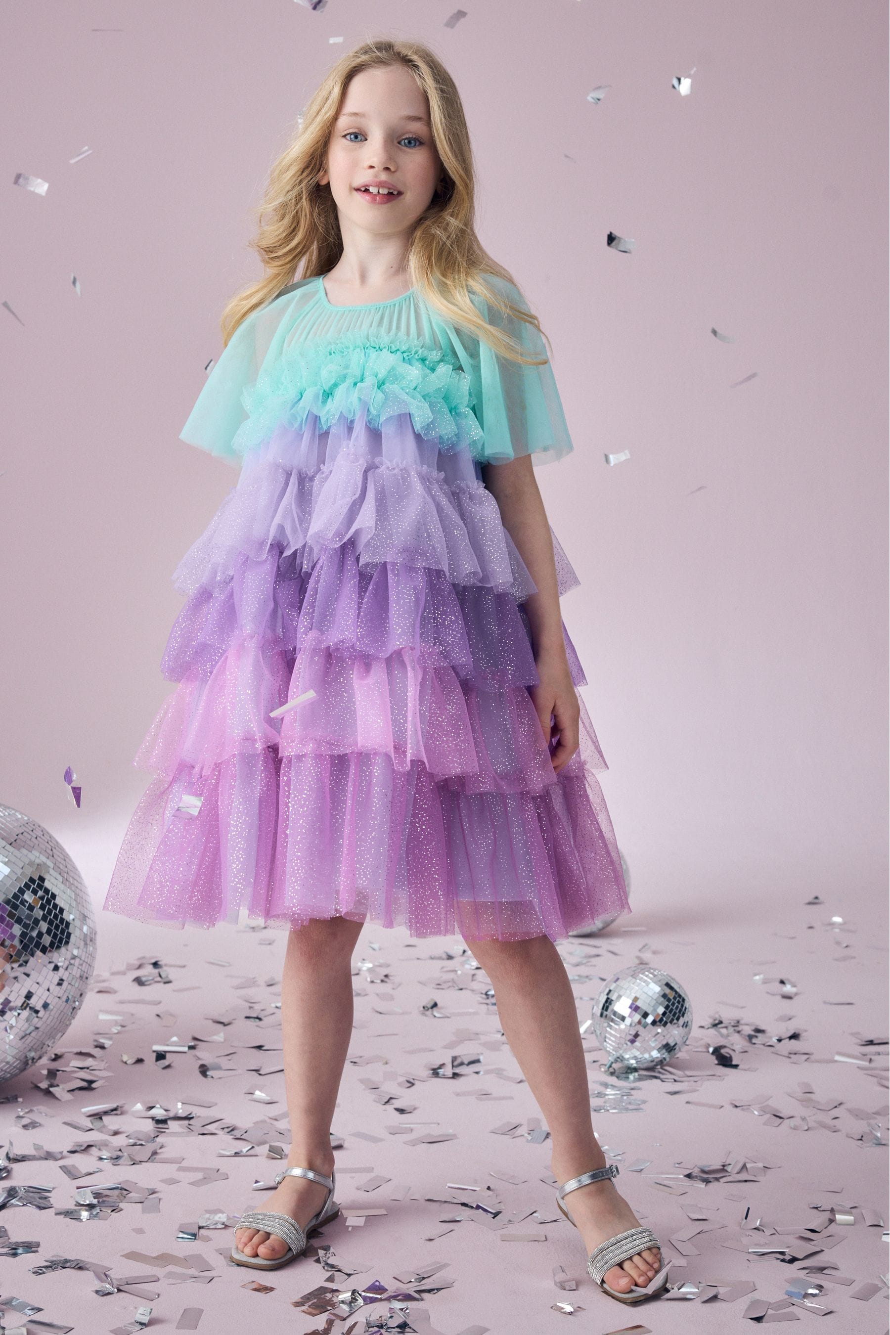 NEXT Purple Blue Tiered Sparkle Mesh Dress 3 12yrs 10 Yrs Girls