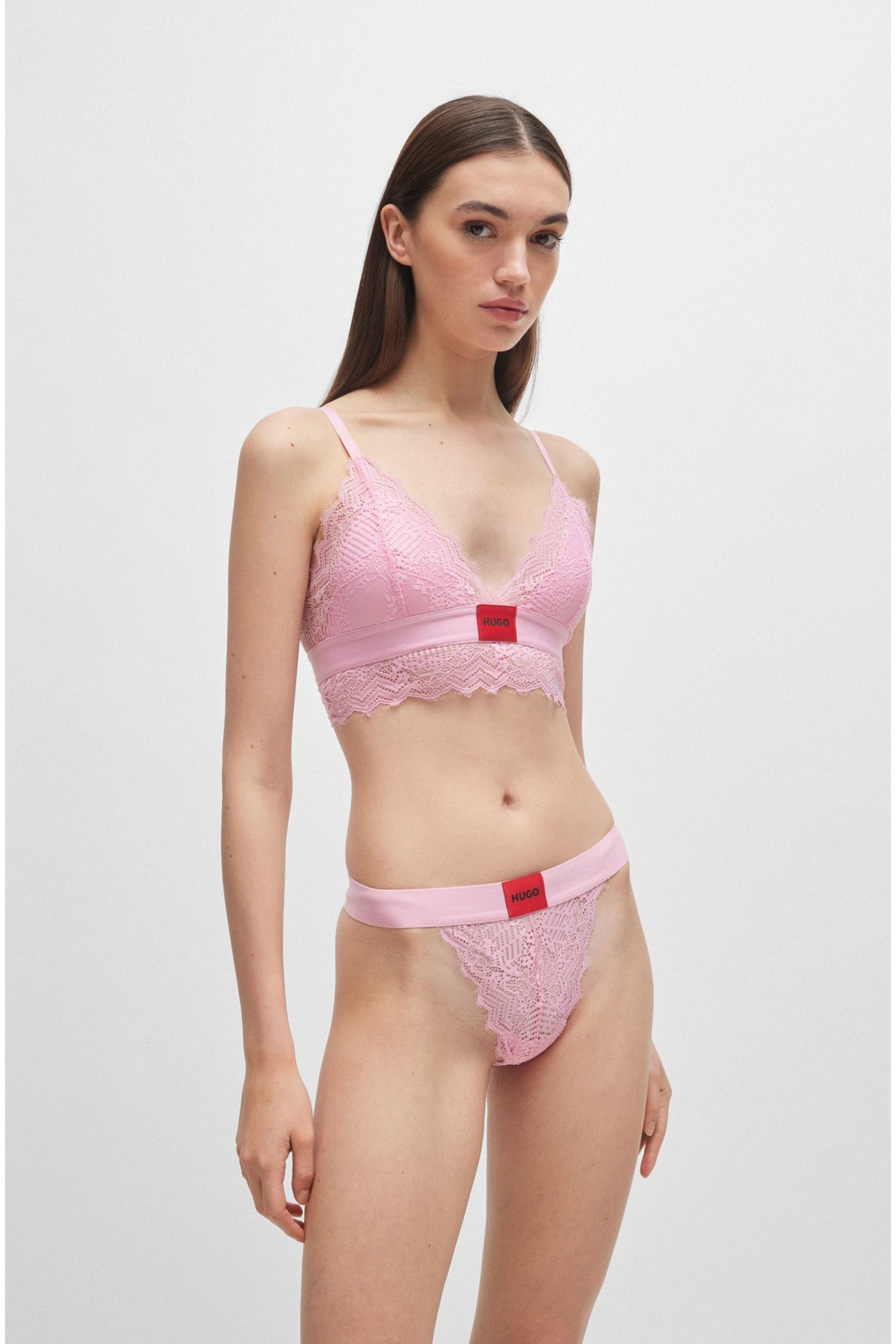 HUGO Pink Padded Triangle Bra in Geometric Lace With Logo Label - Image 3 of 5