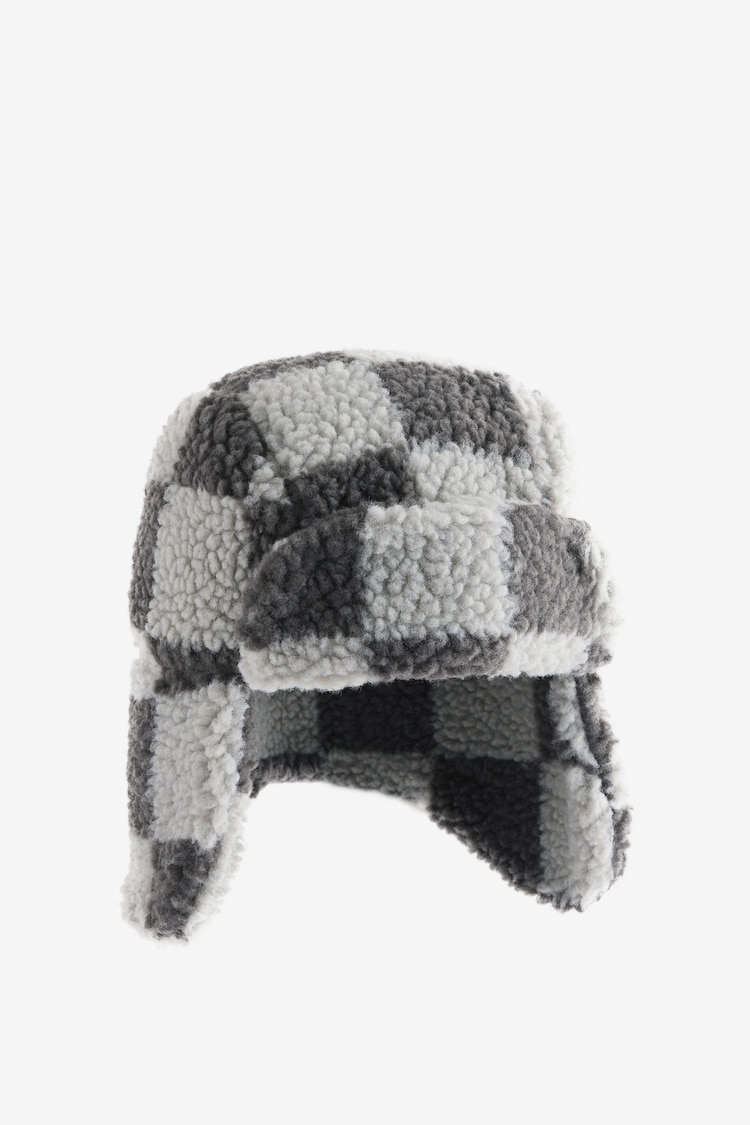 Check Grey/Ecru Borg Trapper Hat (3mths-10yrs) - Image 1 of 2