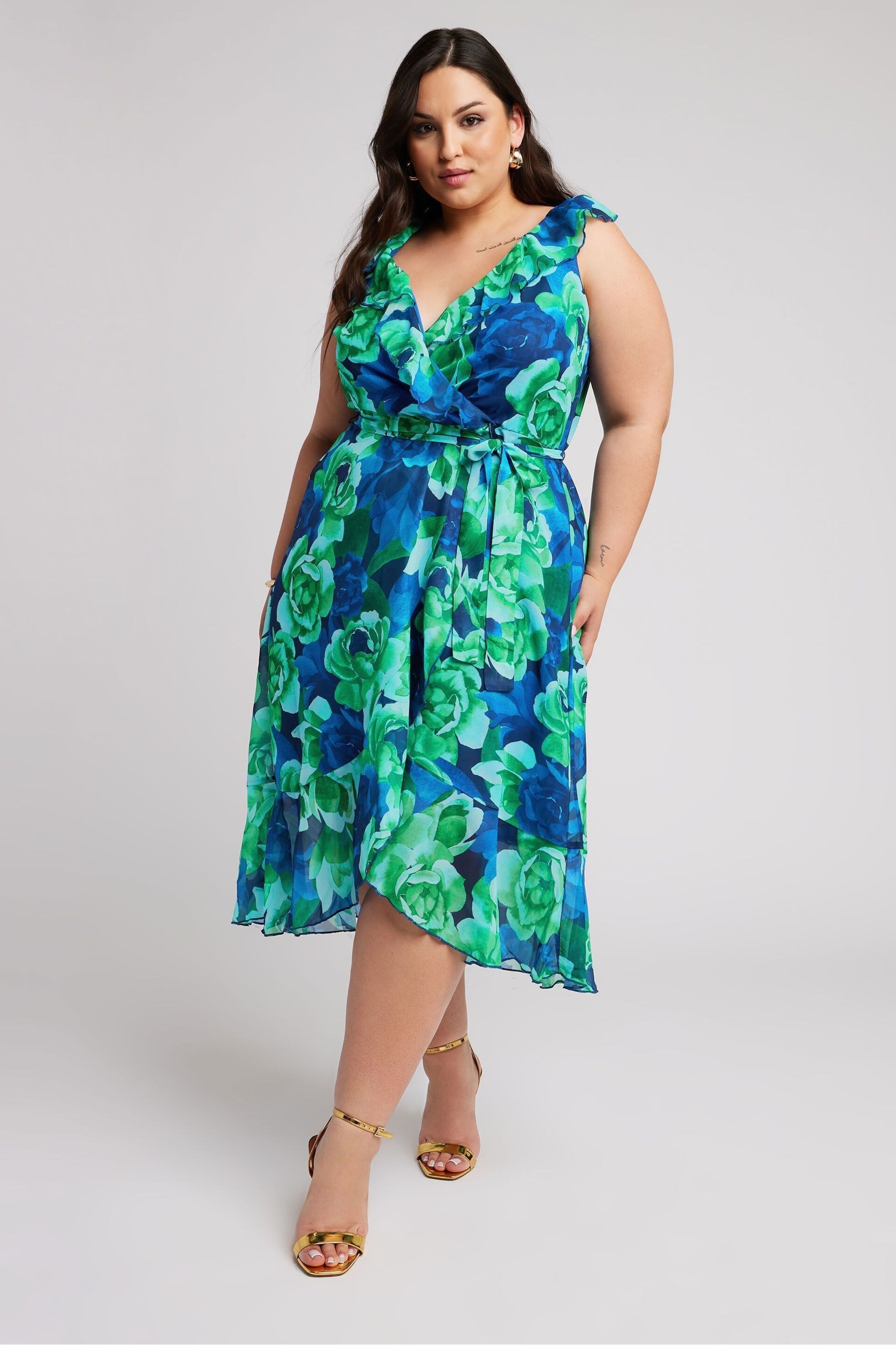 Yours Curve Green YOURS LONDON Curve Navy Blue Floral Ruffle Wrap Dress - Image 1 of 5