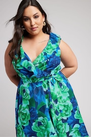 Yours Curve Green YOURS LONDON Curve Navy Blue Floral Ruffle Wrap Dress - Image 2 of 5