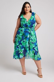 Yours Curve Green YOURS LONDON Curve Navy Blue Floral Ruffle Wrap Dress - Image 4 of 5