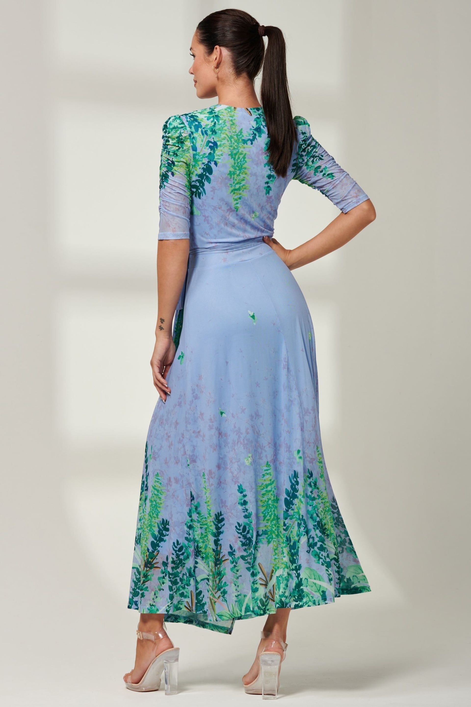 Jolie Moi Light Blue Kinley Print Wrap Mesh Maxi Dress - Image 2 of 6