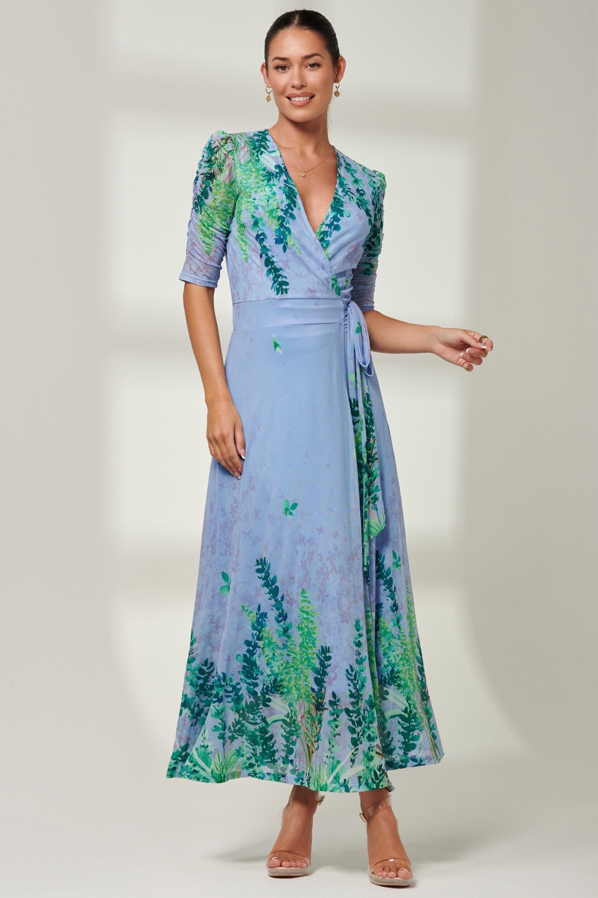 Jolie Moi Light Blue Kinley Print Wrap Mesh Maxi Dress - Image 4 of 6