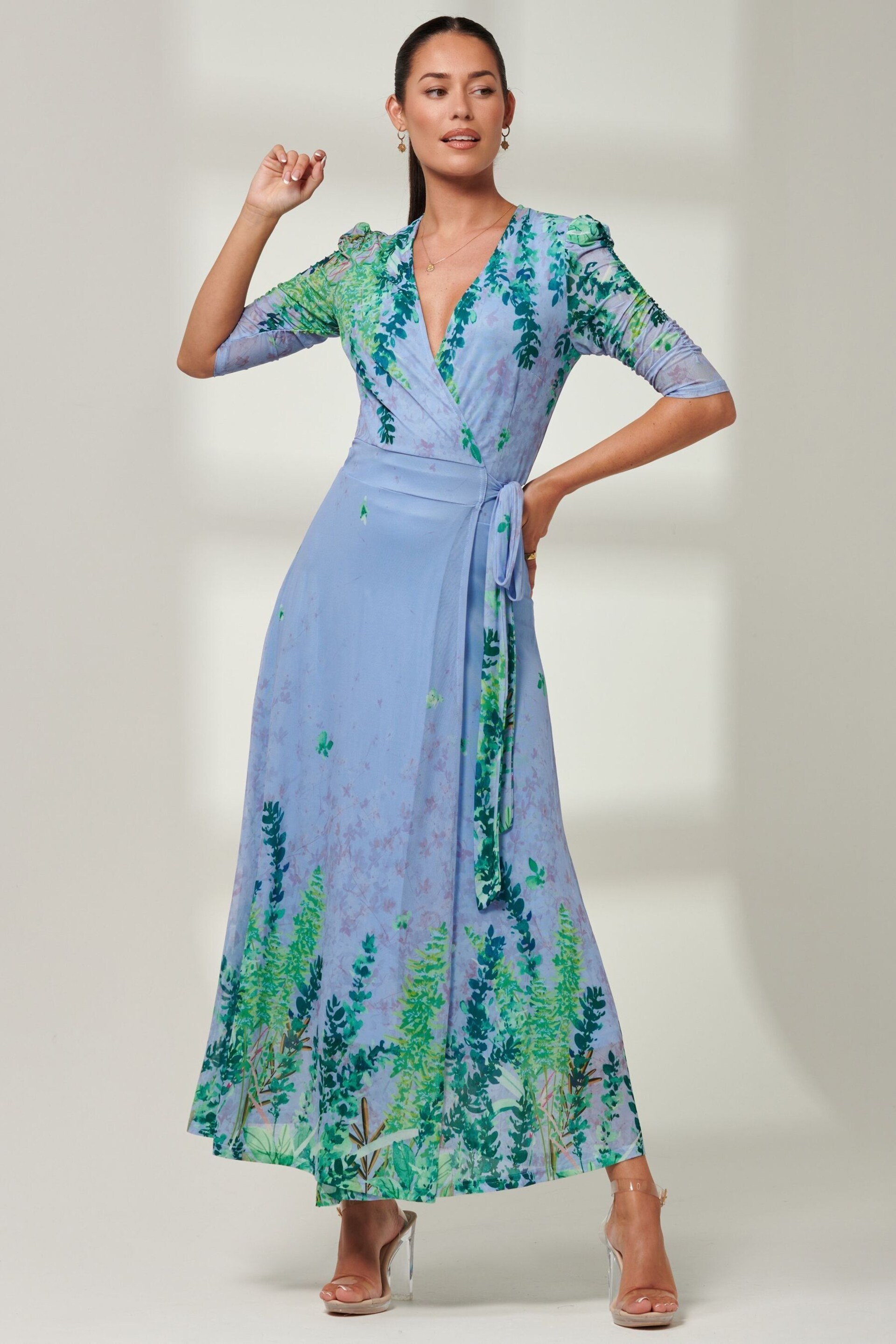 Jolie Moi Light Blue Kinley Print Wrap Mesh Maxi Dress - Image 5 of 6