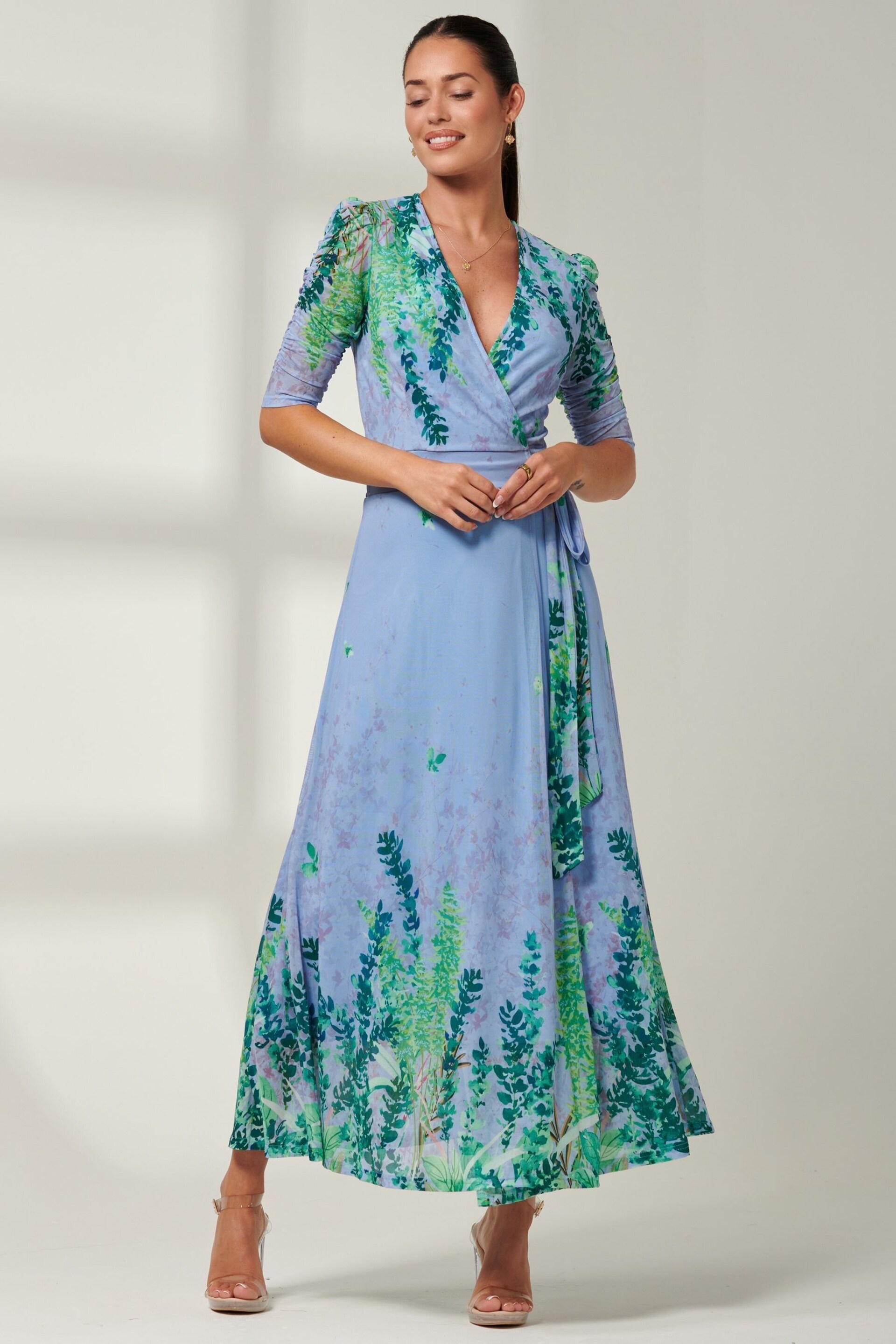 Jolie Moi Light Blue Kinley Print Wrap Mesh Maxi Dress - Image 6 of 6