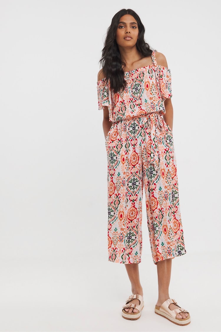 JD Williams Pink Printed Crinkle Tie Strap Jumpsuit - Image 1 of 4