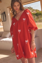 Red 100% Cotton Sleeved Embroidered Mini Dress - Image 3 of 5