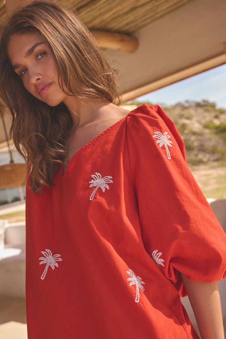 Red 100% Cotton Sleeved Embroidered Mini Dress - Image 5 of 5