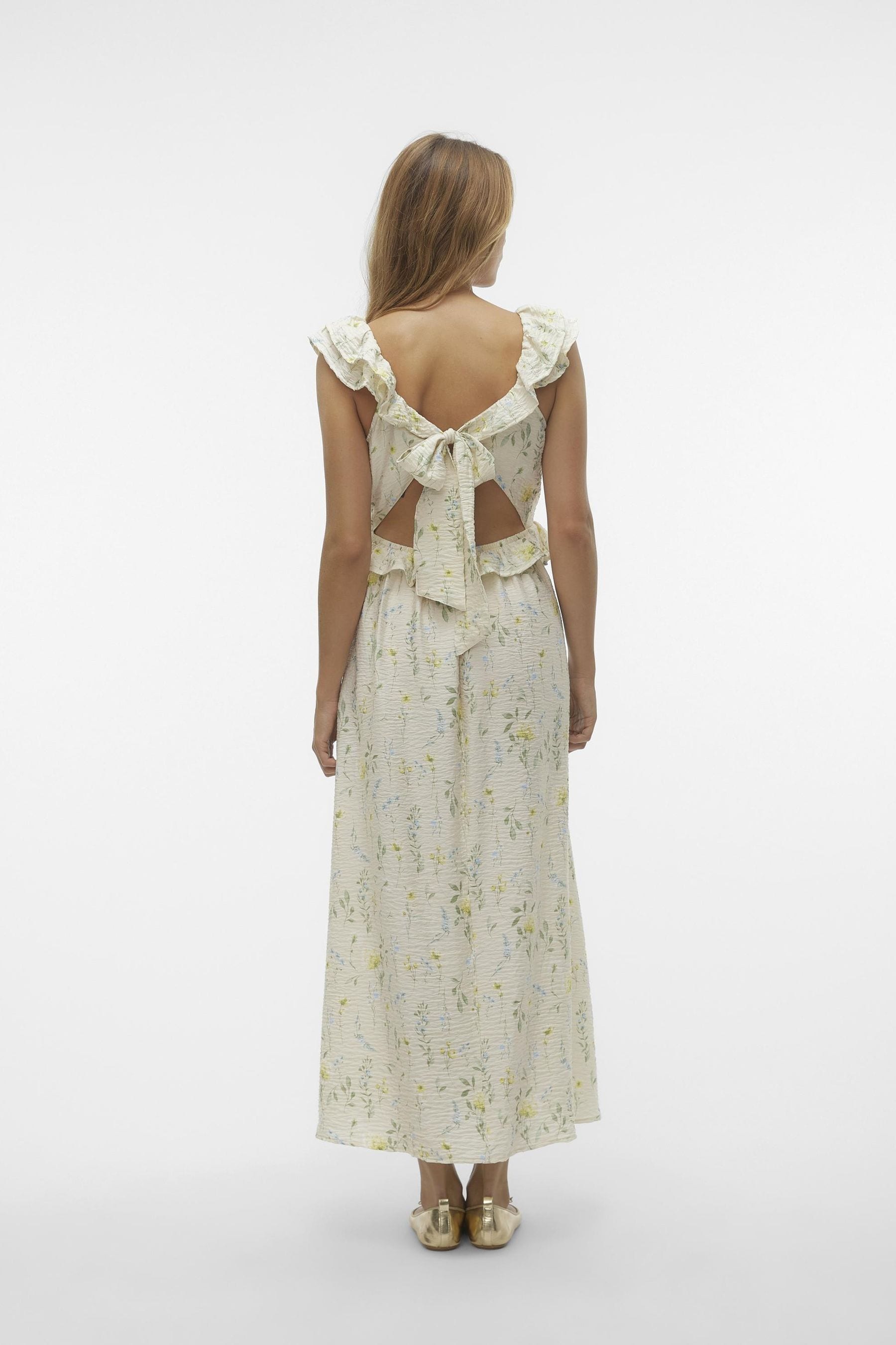 VERO MODA Cream Ruffle Tie Back Floral Maxi Dress 8 Womens