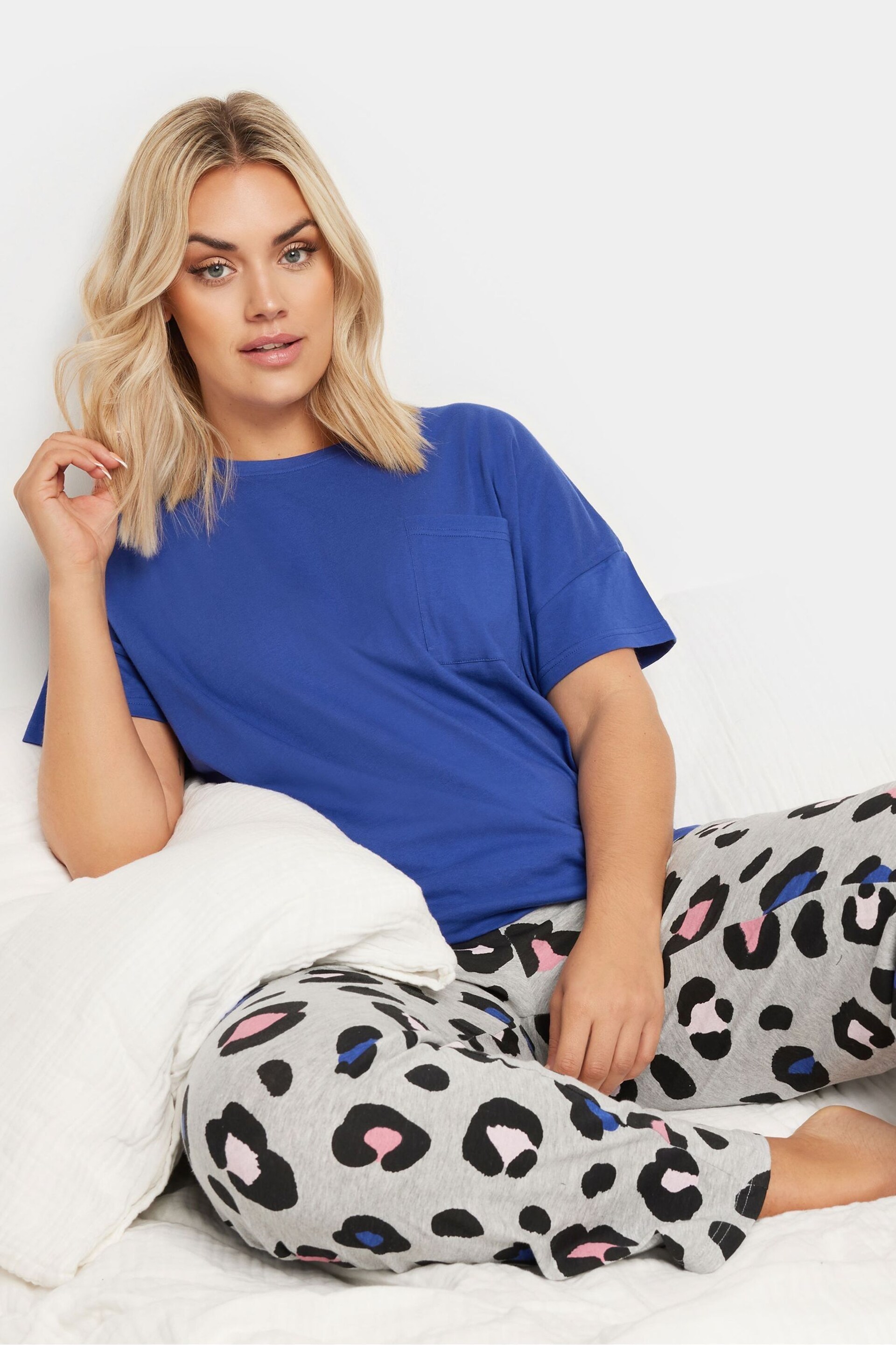 Yours Curve Blue Oversized Leopard Print Pyjama Set - Image 1 of 5