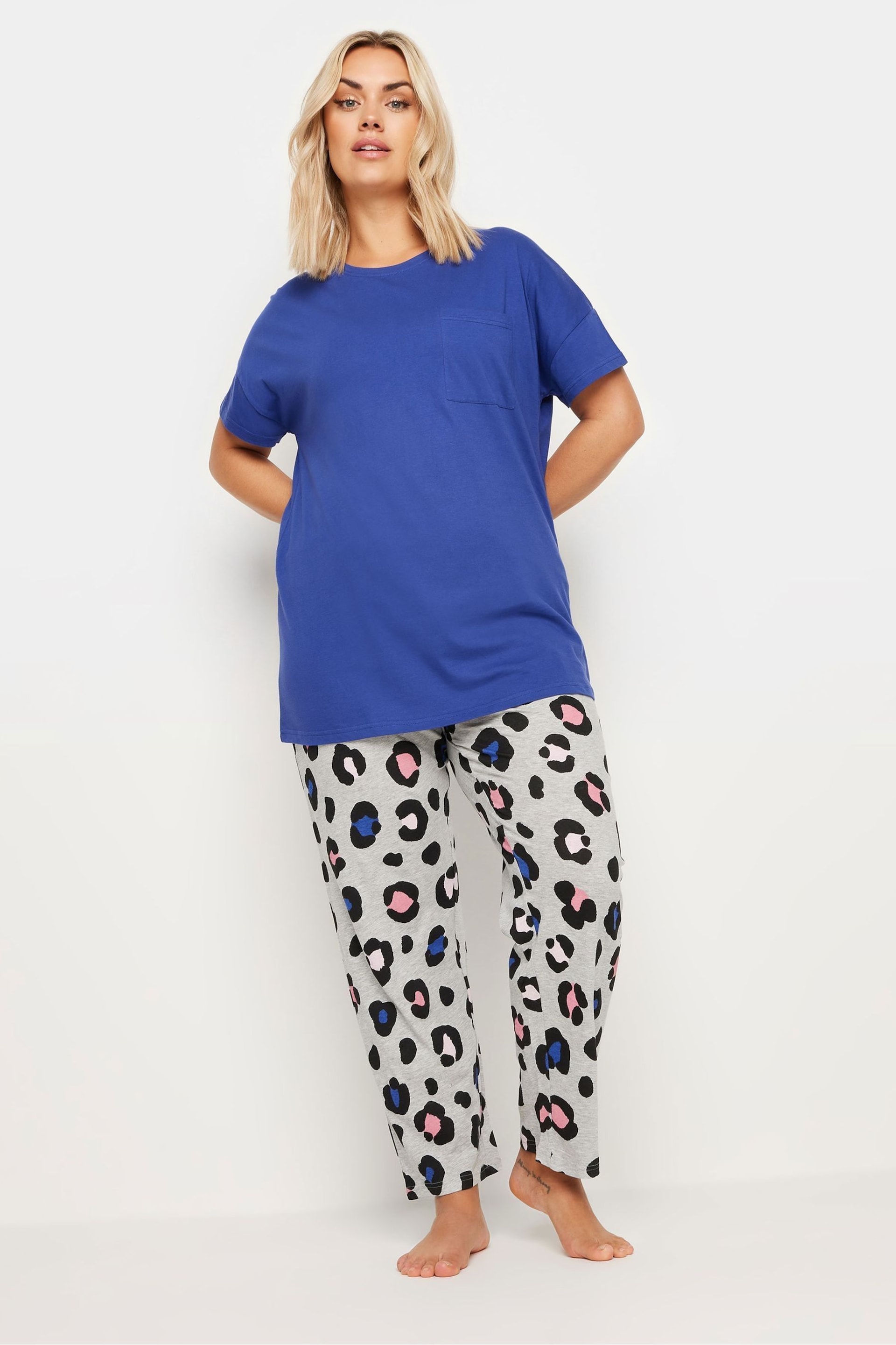 Yours Curve Blue Oversized Leopard Print Pyjama Set - Image 2 of 5