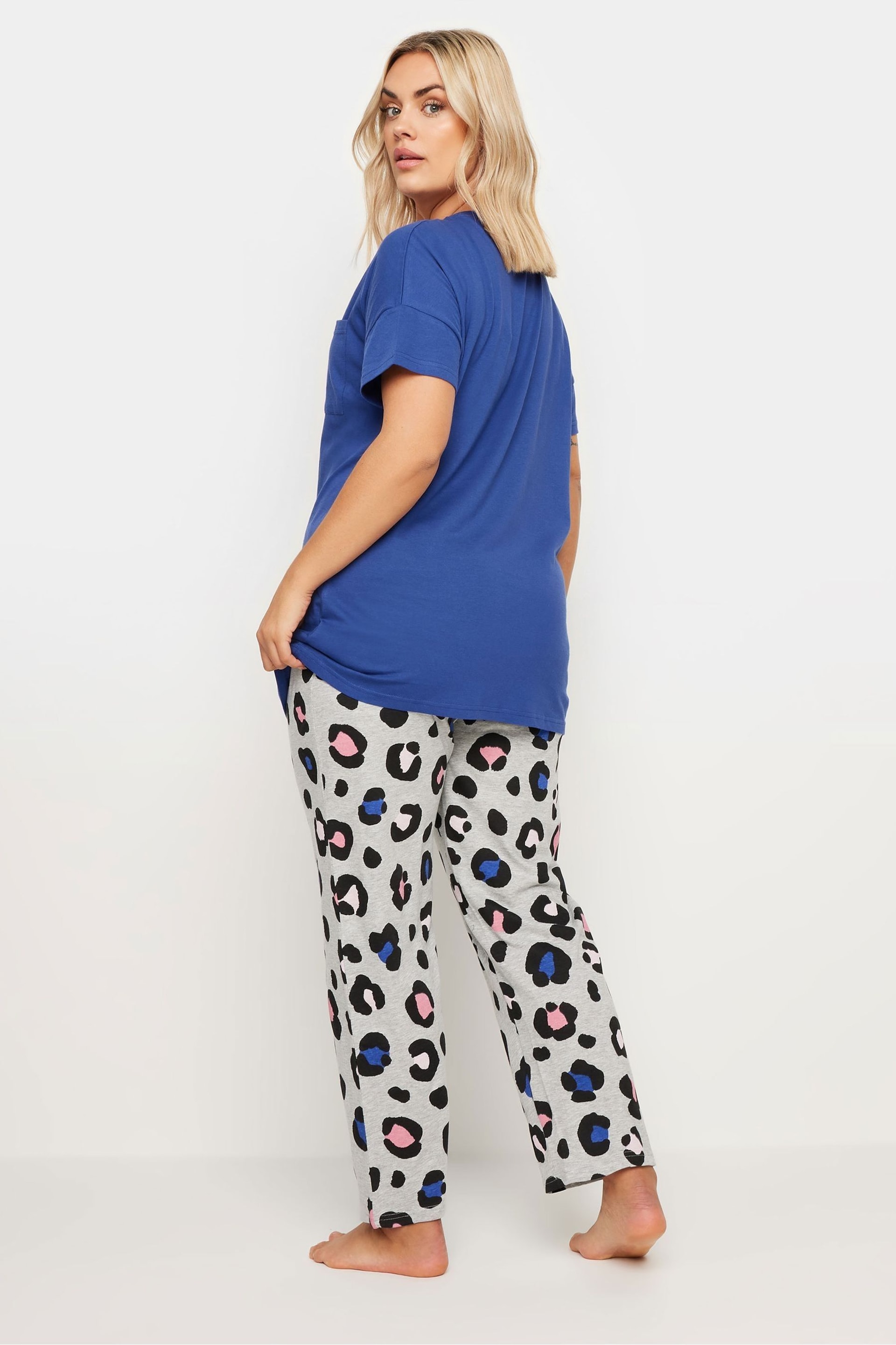 Yours Curve Blue Oversized Leopard Print Pyjama Set - Image 3 of 5