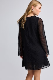 Black On Black Polka Dot Spot Bow Neck Detail Long Sleeve Mini Dress - Image 3 of 4