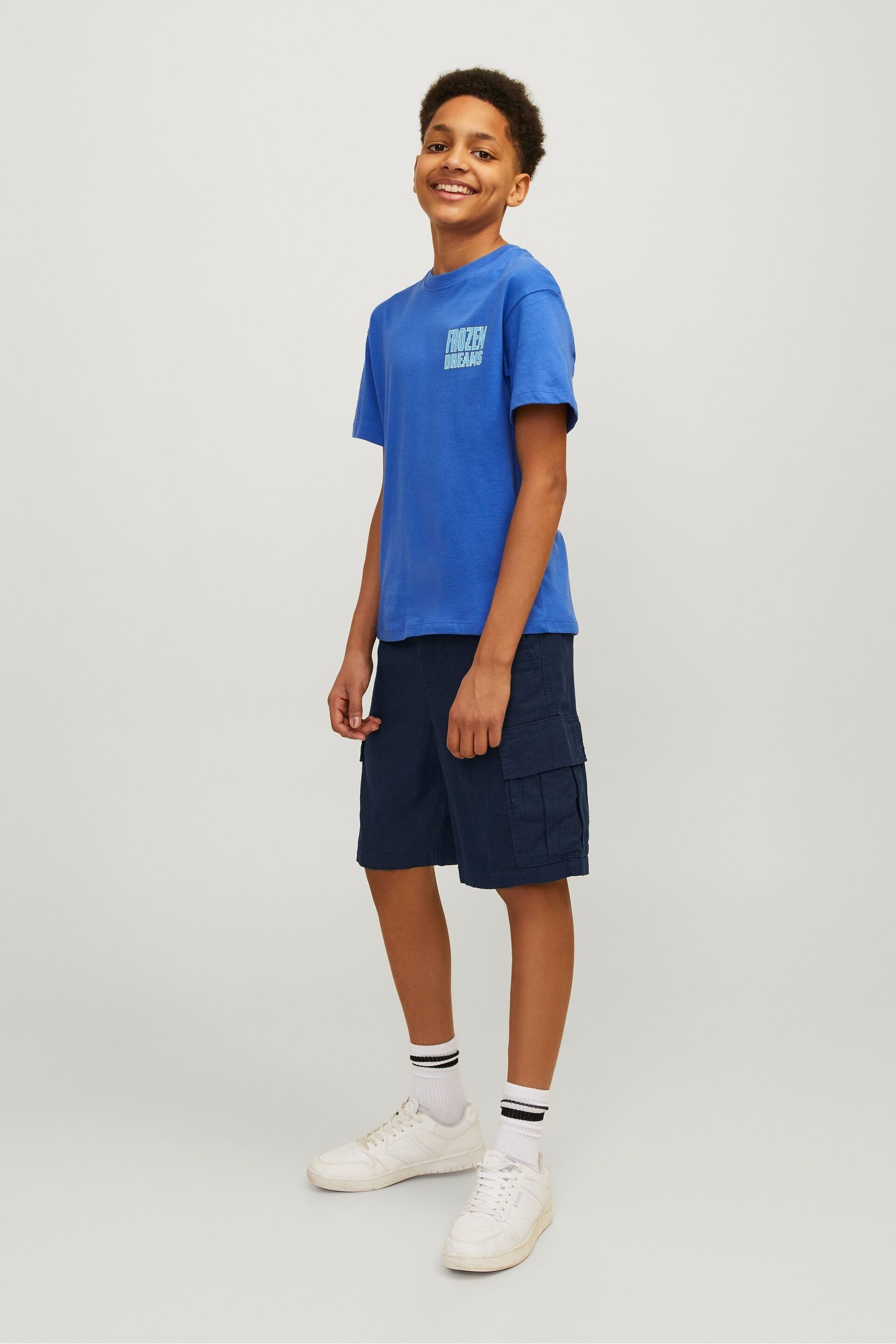 JACK & JONES JUNIOR Loose Fit Blue Linen Mix Cargo Shorts - Image 2 of 8