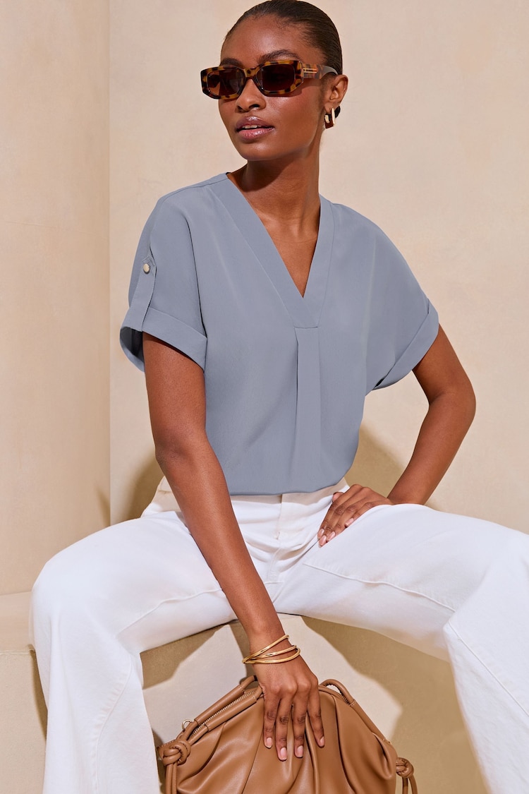 Lipsy Blue Utility V Neck Short Roll Sleeve Top - Image 1 of 4