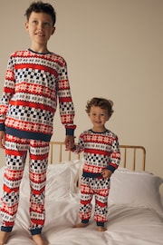 紅色／海軍藍 - Matching Family Kids Christmas Ho Ho Ho Fairisle Pattern 100% Cotton Pyjamas (9mths-16yrs) - 圖片 1，共 13