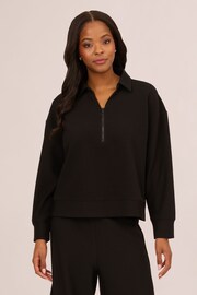 Adrianna Papell Ottoman Rib Zip Front V-Collar Knit Black Sweat Top - Image 1 of 6