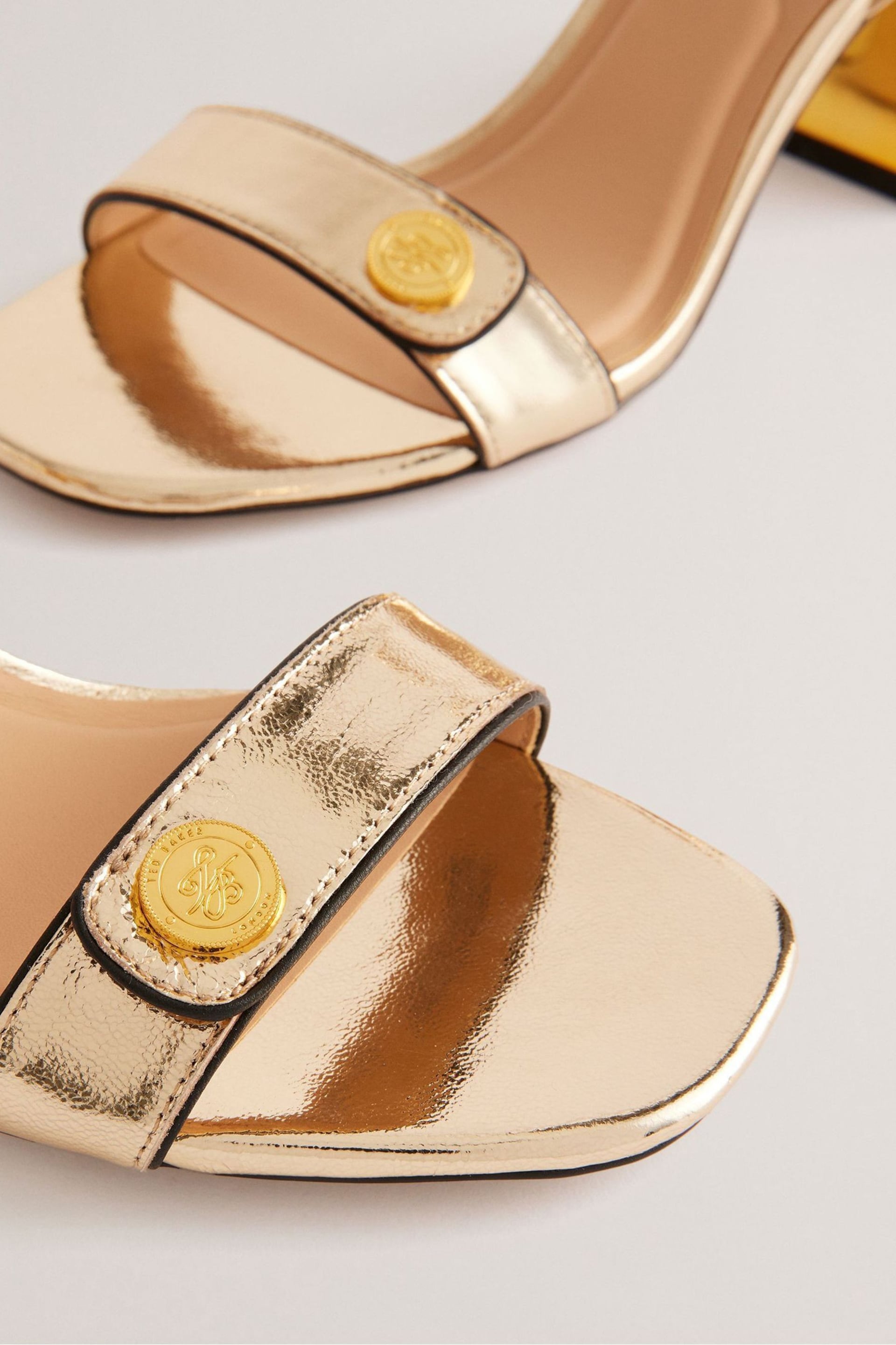 Ted Baker Gold Milliiy Mid Block Heel Sandals With Signature Coin - Image 3 of 5