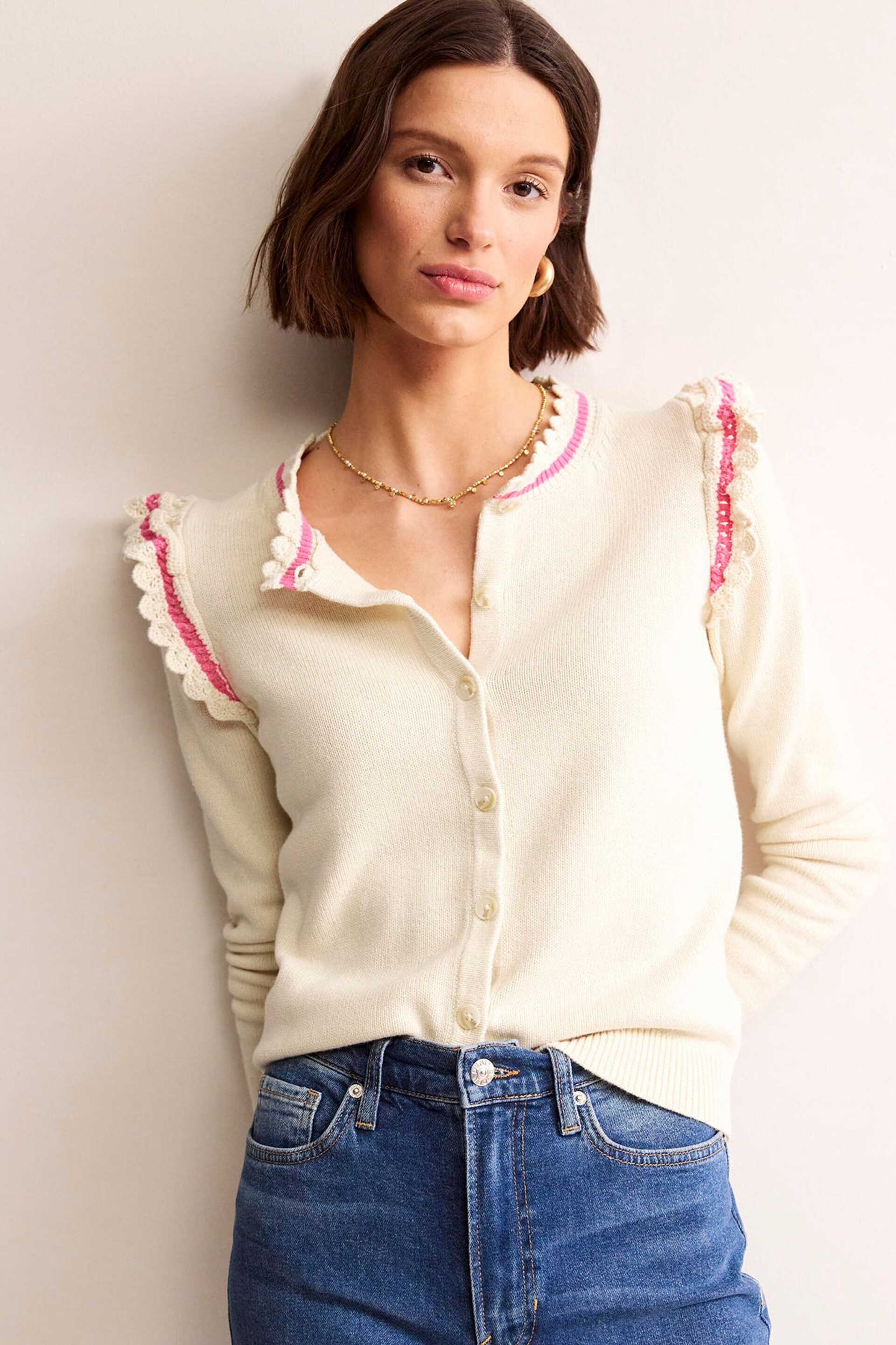 Boden Cream Crochet Frill Detail Cardigan - Image 1 of 6