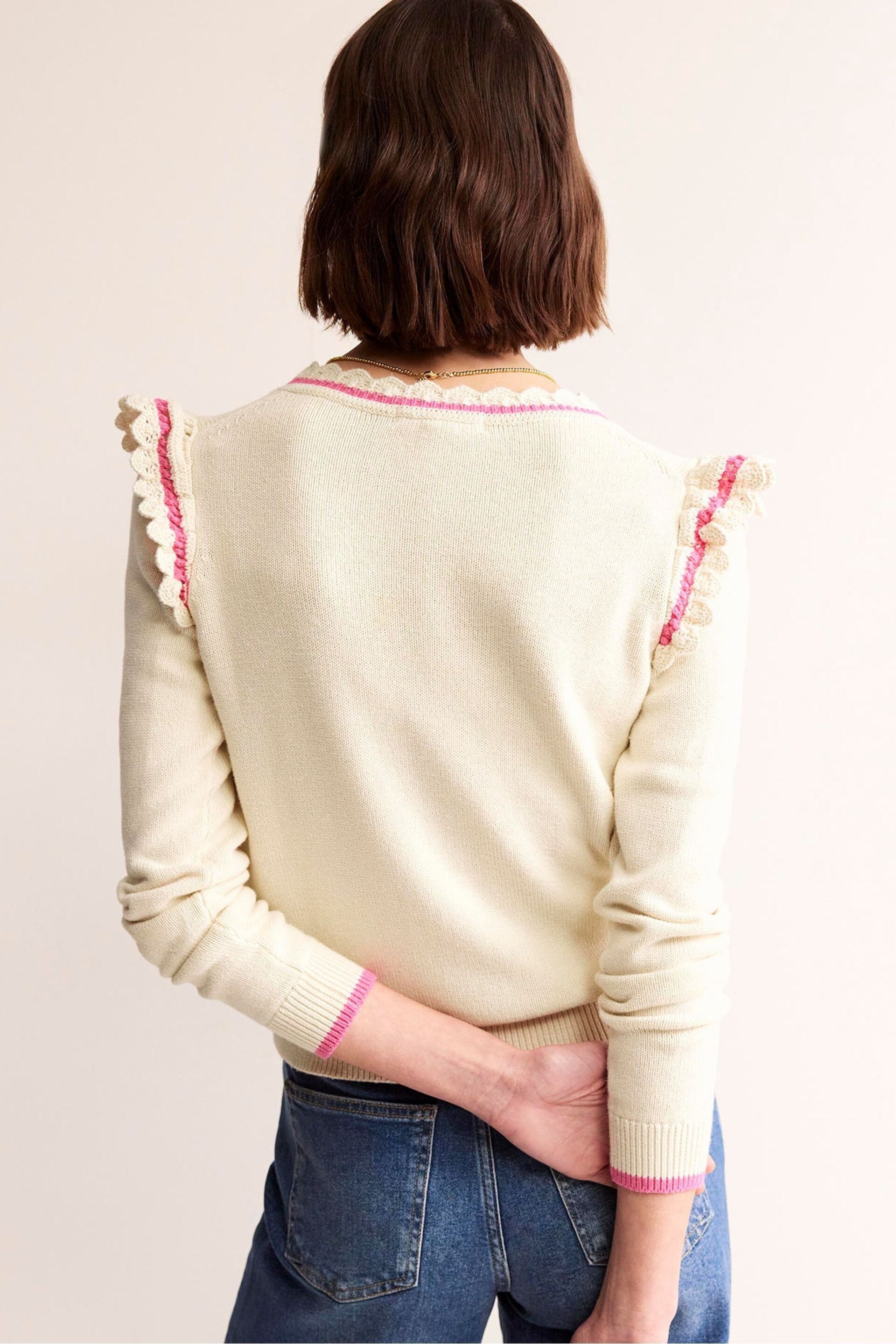 Boden Cream Crochet Frill Detail Cardigan - Image 3 of 6