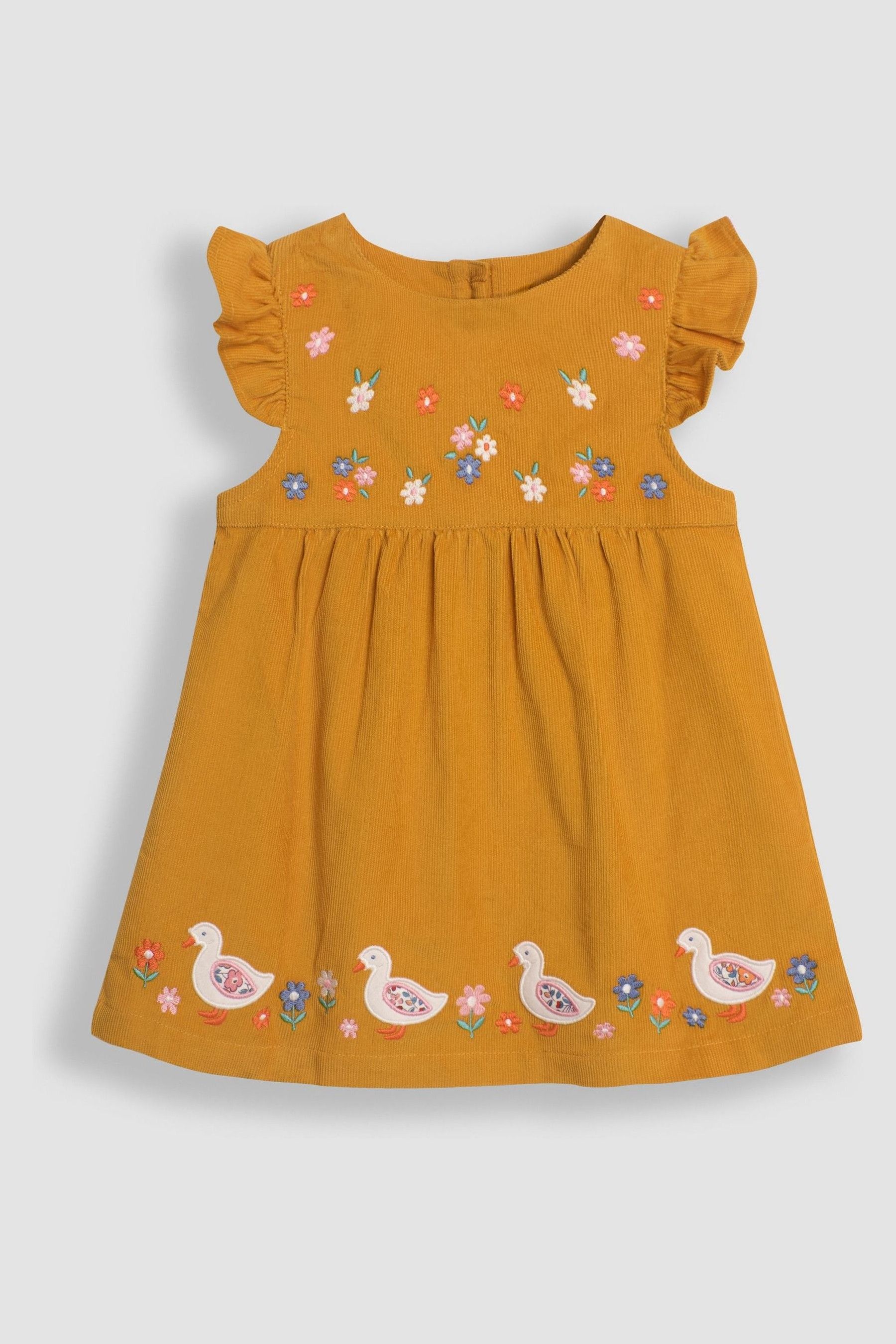 JoJo Maman Bebe Mustard Yellow Duck Cord Embroidered Baby Dress Body Set