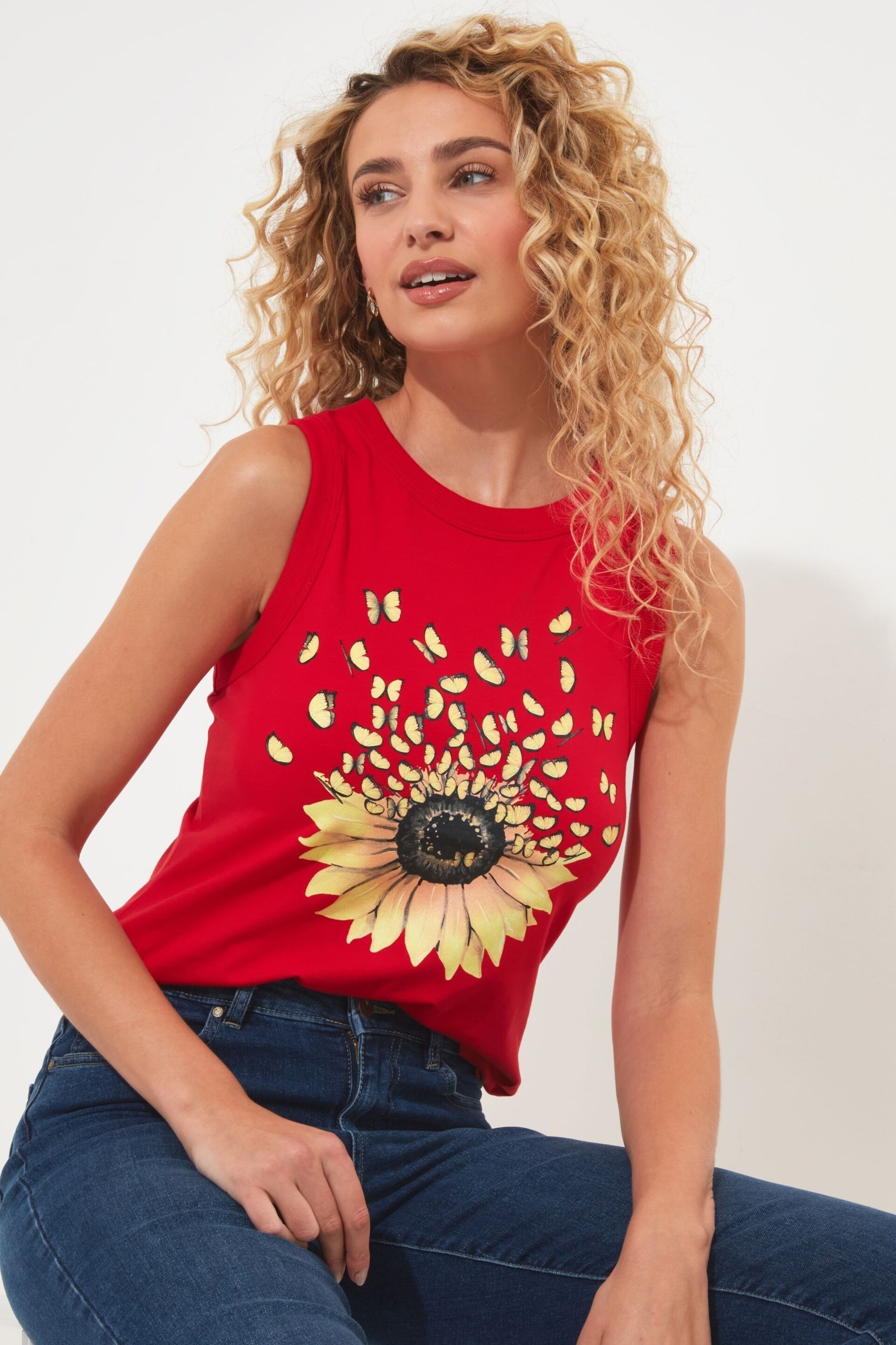 Joe Browns Red Sunflower Print Scoop Neck Vest - Image 1 of 6