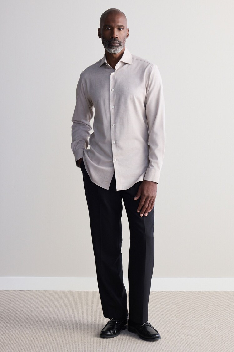 Neutral Brown Slim Fit Signature Cotton And Cashmere Blend Single Cuff Shirt With Cutaway Collar - Image 2 of 9