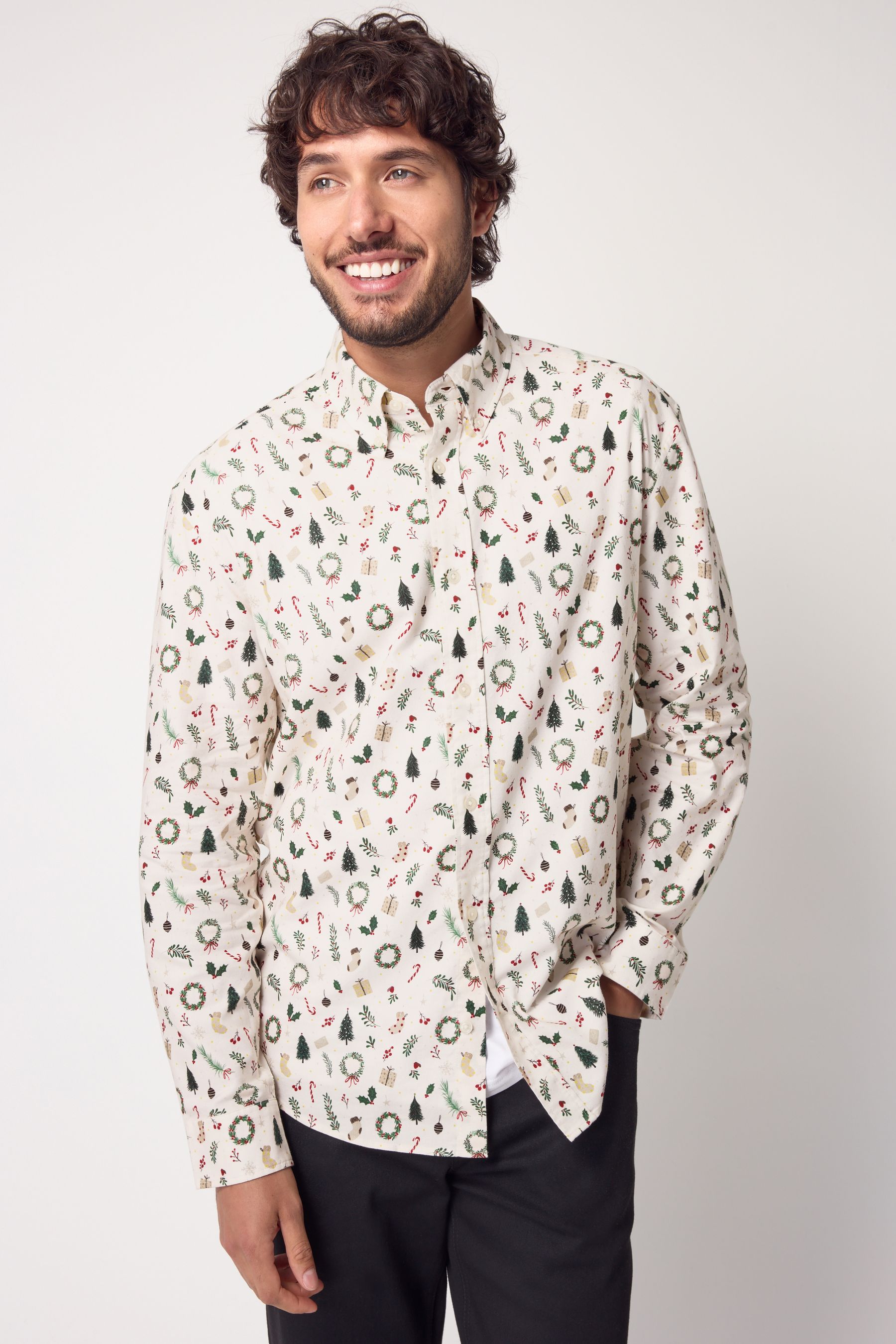 Buy White Wreath Long Sleeve Christmas Print 100 Cotton Oxford Shirt from the Next UK online shop