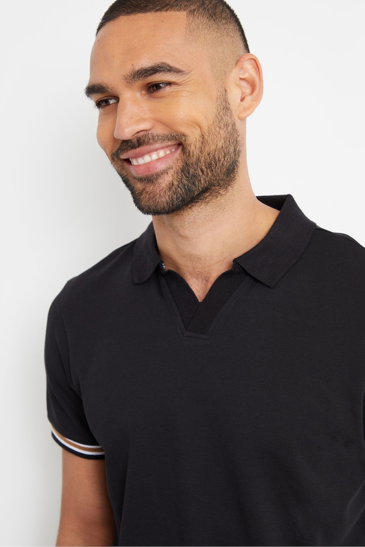 Threadbare Black 100% Cotton Open Collar Pique Polo Shirt - Image 4 of 4