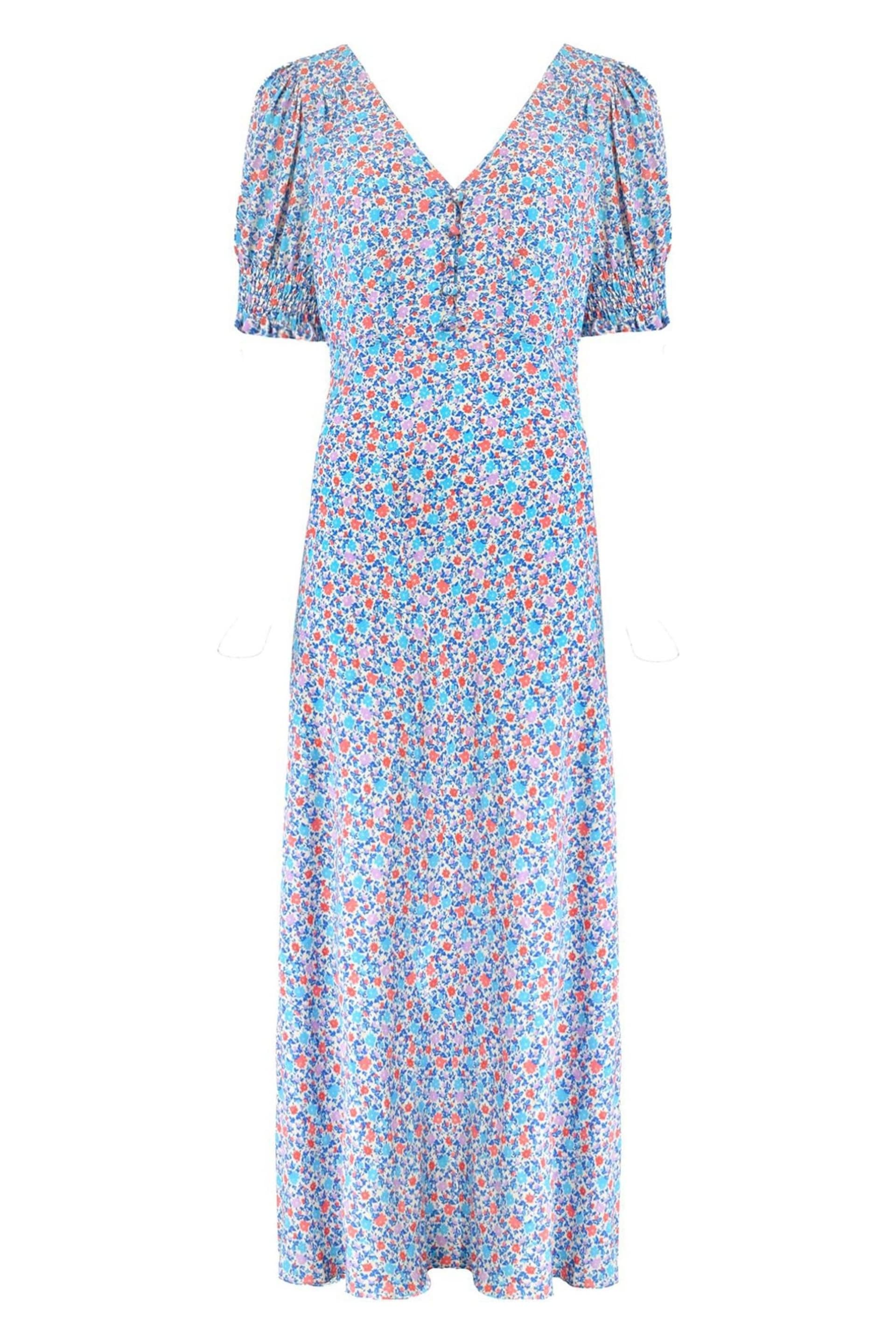 Ro&Zo Petite Blue Ditsy Print Shirred Cuff Midi Dress - Image 4 of 5