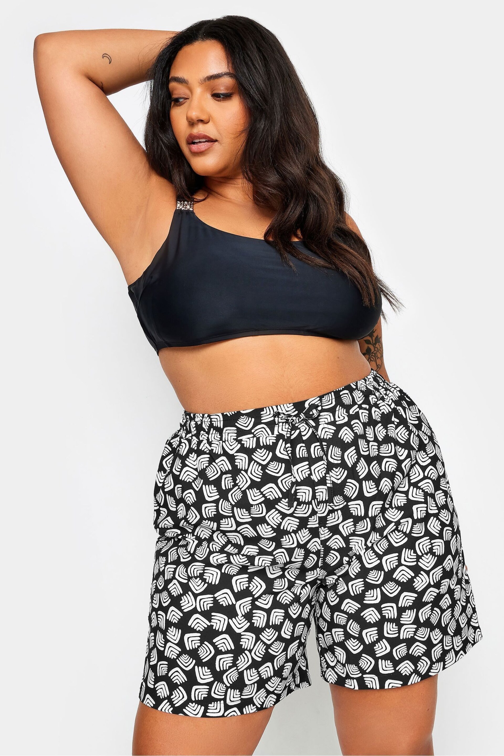 Yours Curve Black Abstract Print Swim Shorts - Image 1 of 5