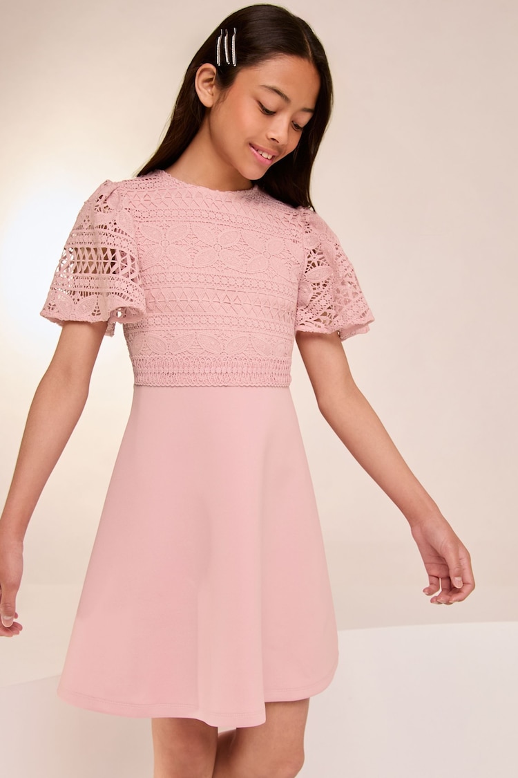 Lipsy Pink 2in1 Flutter Sleeve Lace Occasion Dress - Image 1 of 4