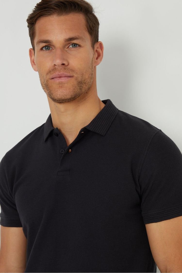 Threadbare Black Waffle Cotton Jersey Polo Shirt - Image 4 of 4