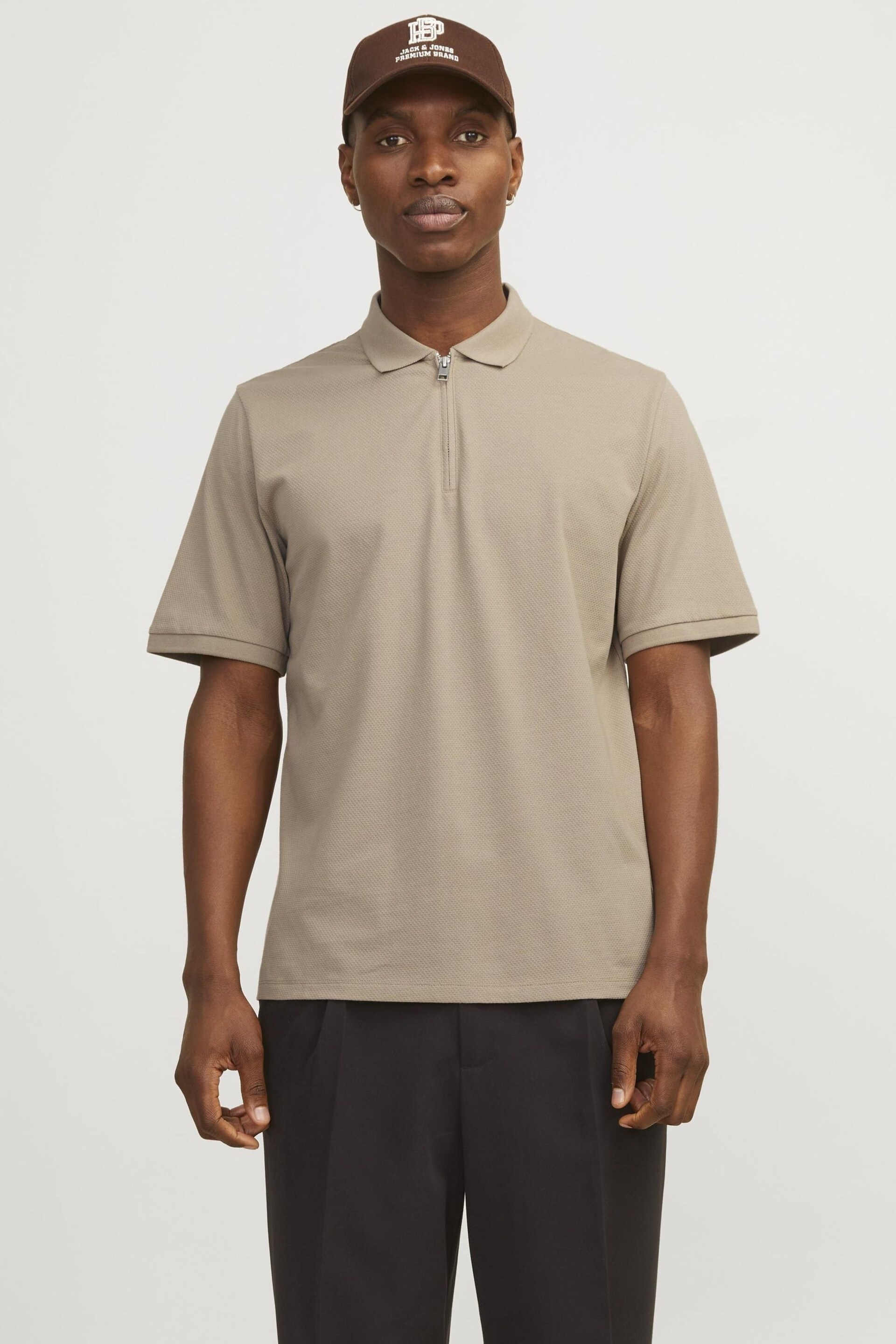 JACK & JONES Brown Textured Zip Up Polo Shirt - Image 1 of 5