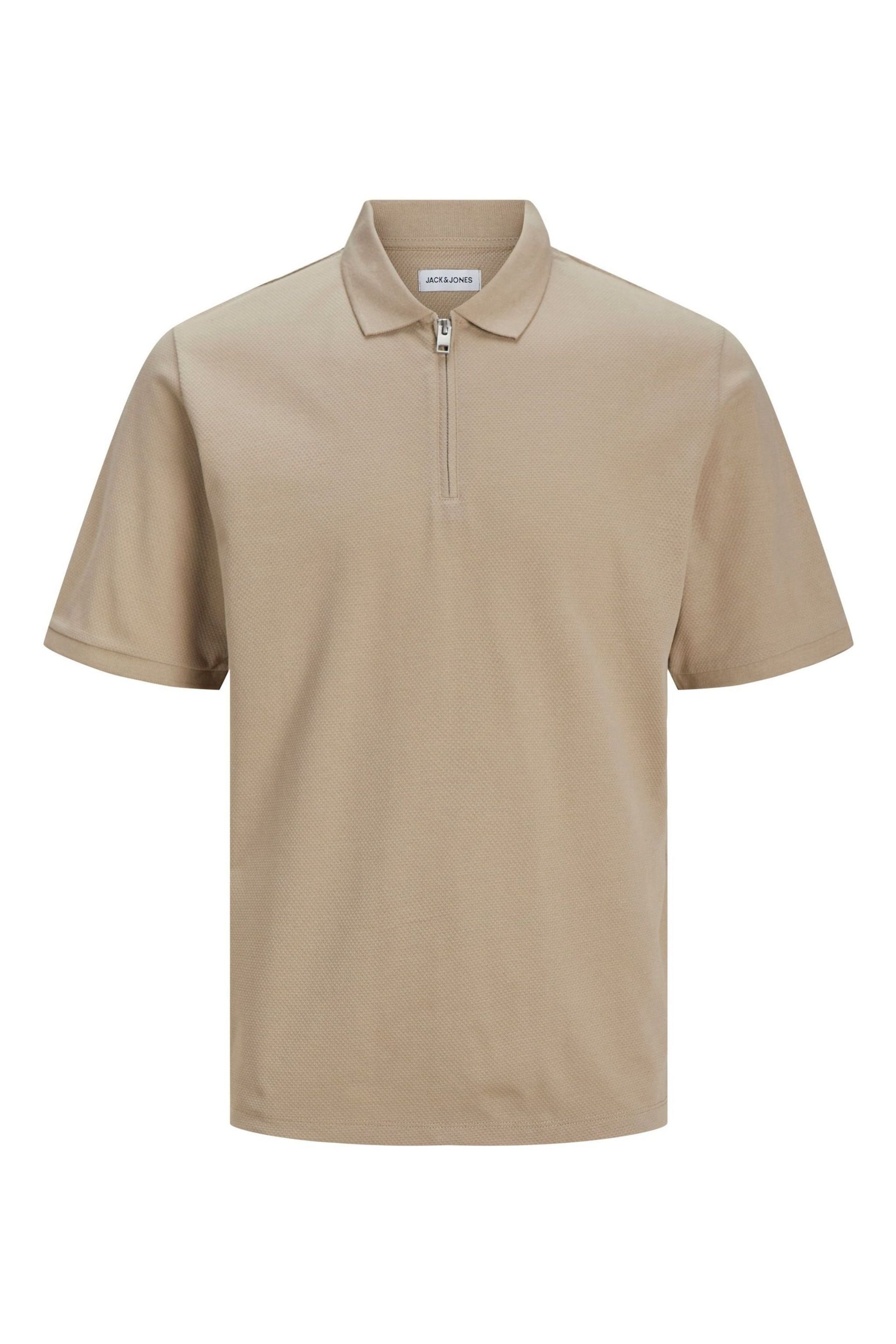 JACK & JONES Brown Textured Zip Up Polo Shirt - Image 5 of 5