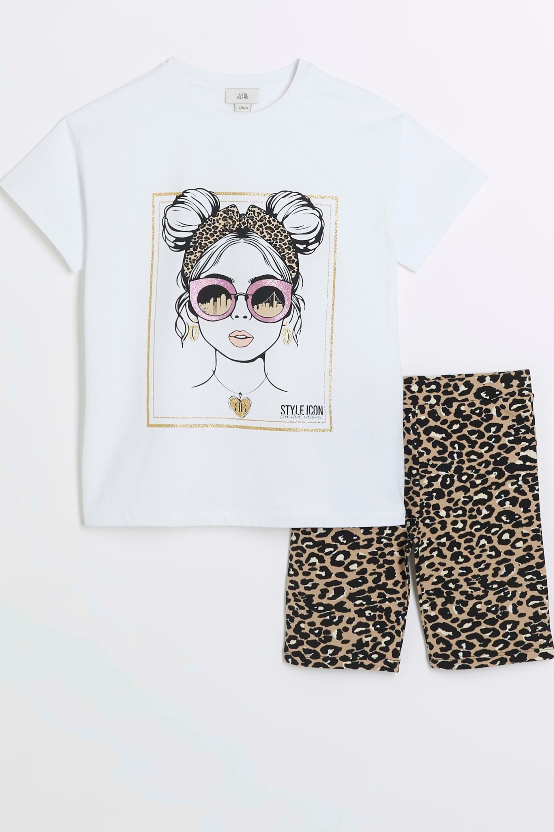 River Island Brown Girls Leopard Girl Tee and Cycle Short Set - Image 1 of 3