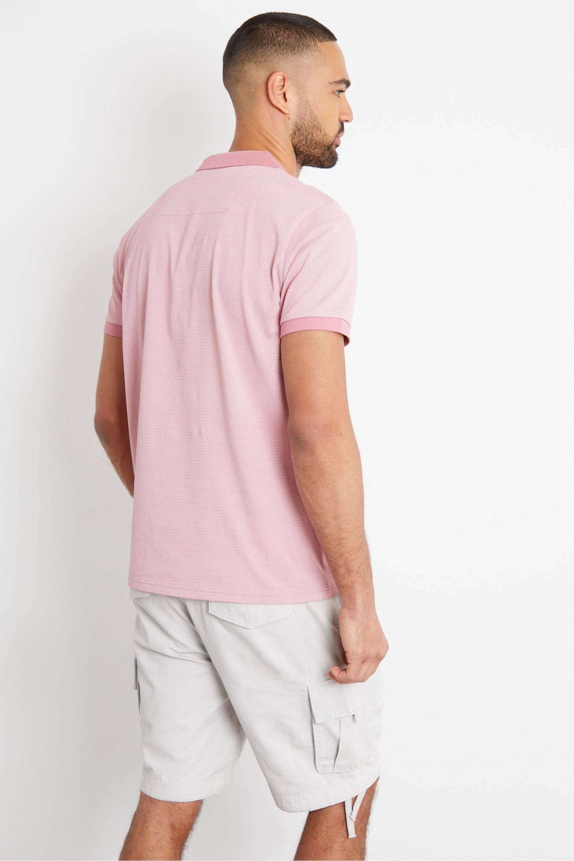 Threadbare Pink Geometric Print Zip Collar Cotton Jersey Polo Shirt - Image 2 of 4
