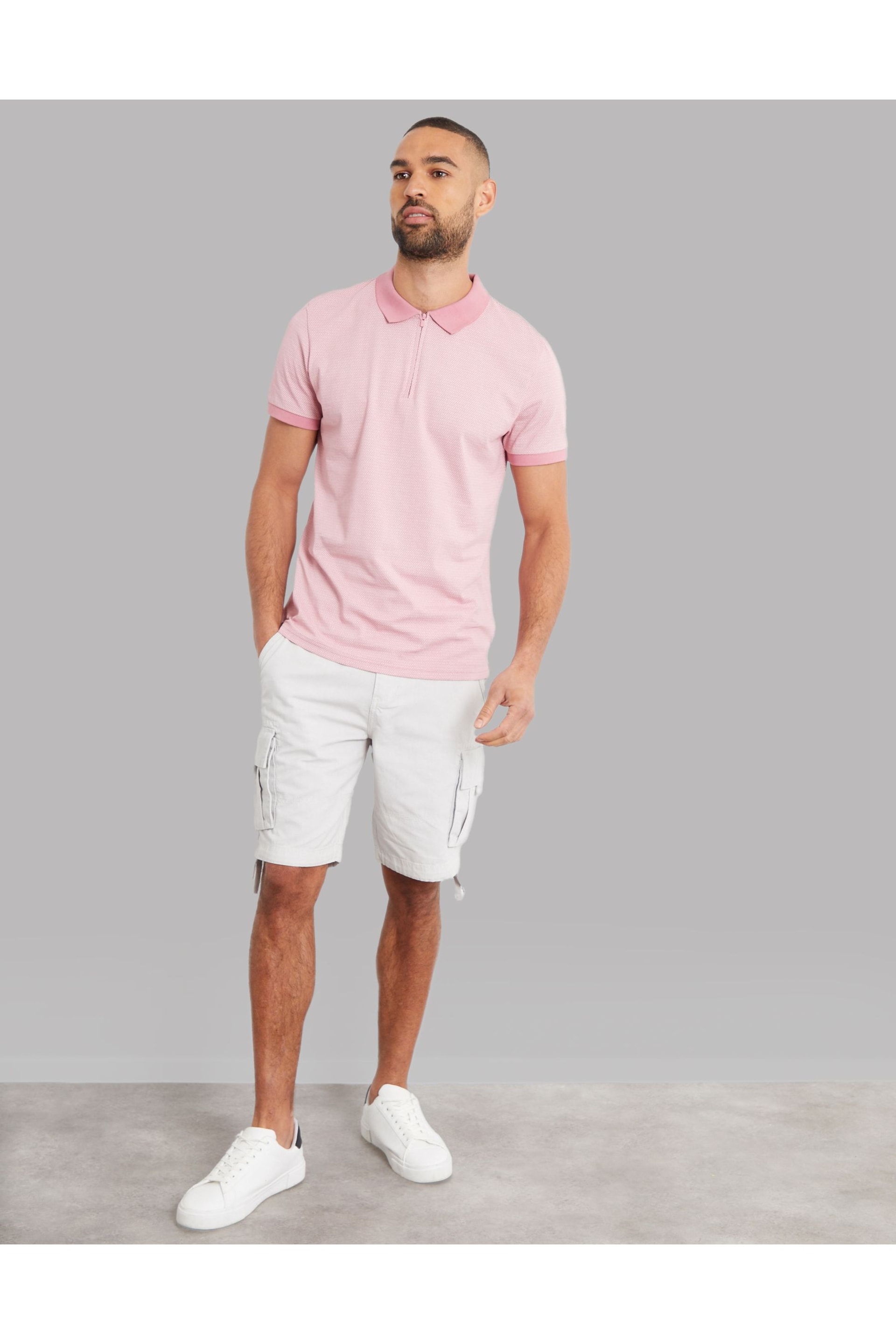 Threadbare Pink Geometric Print Zip Collar Cotton Jersey Polo Shirt - Image 3 of 4