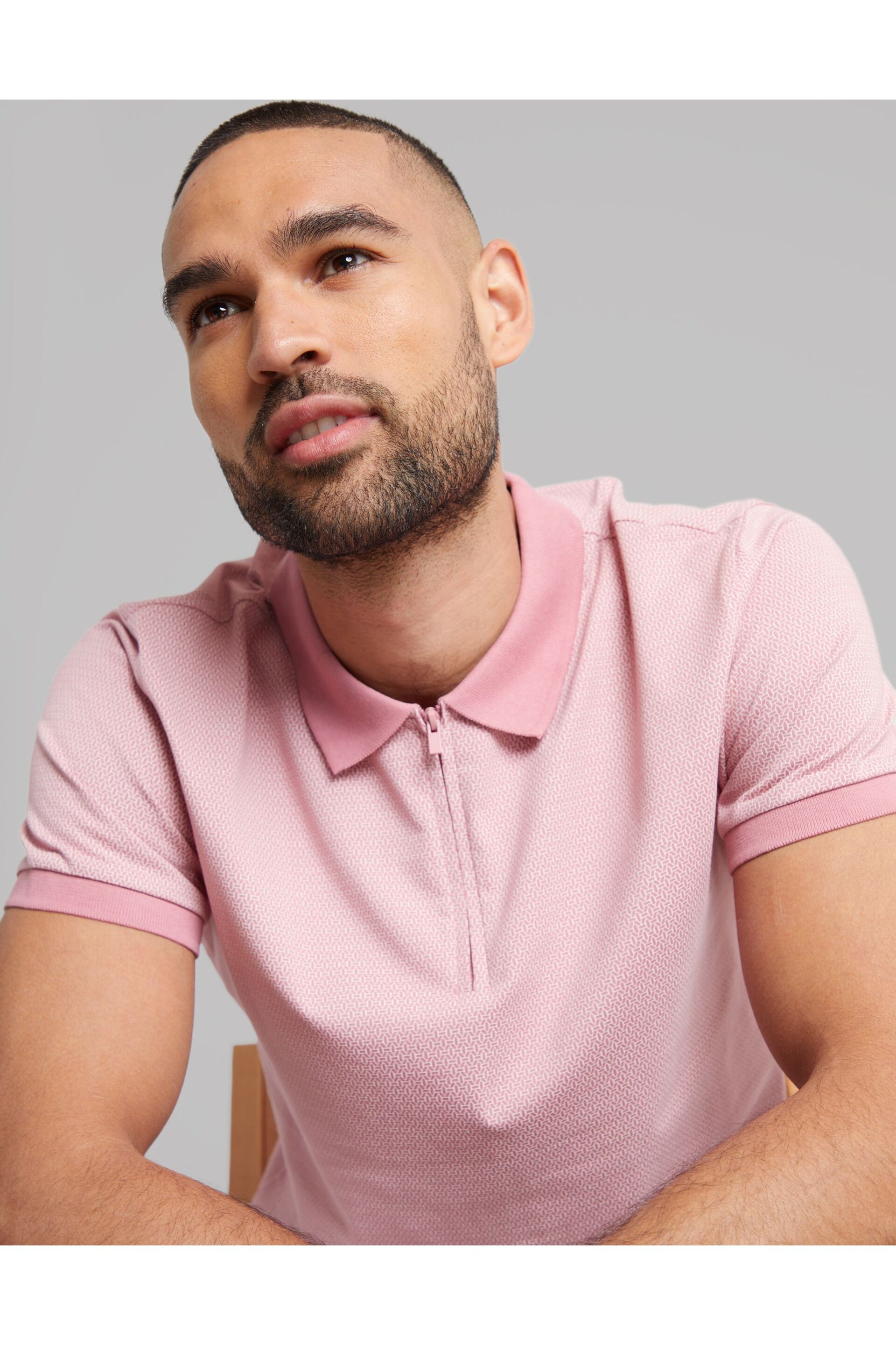 Threadbare Pink Geometric Print Zip Collar Cotton Jersey Polo Shirt - Image 4 of 4