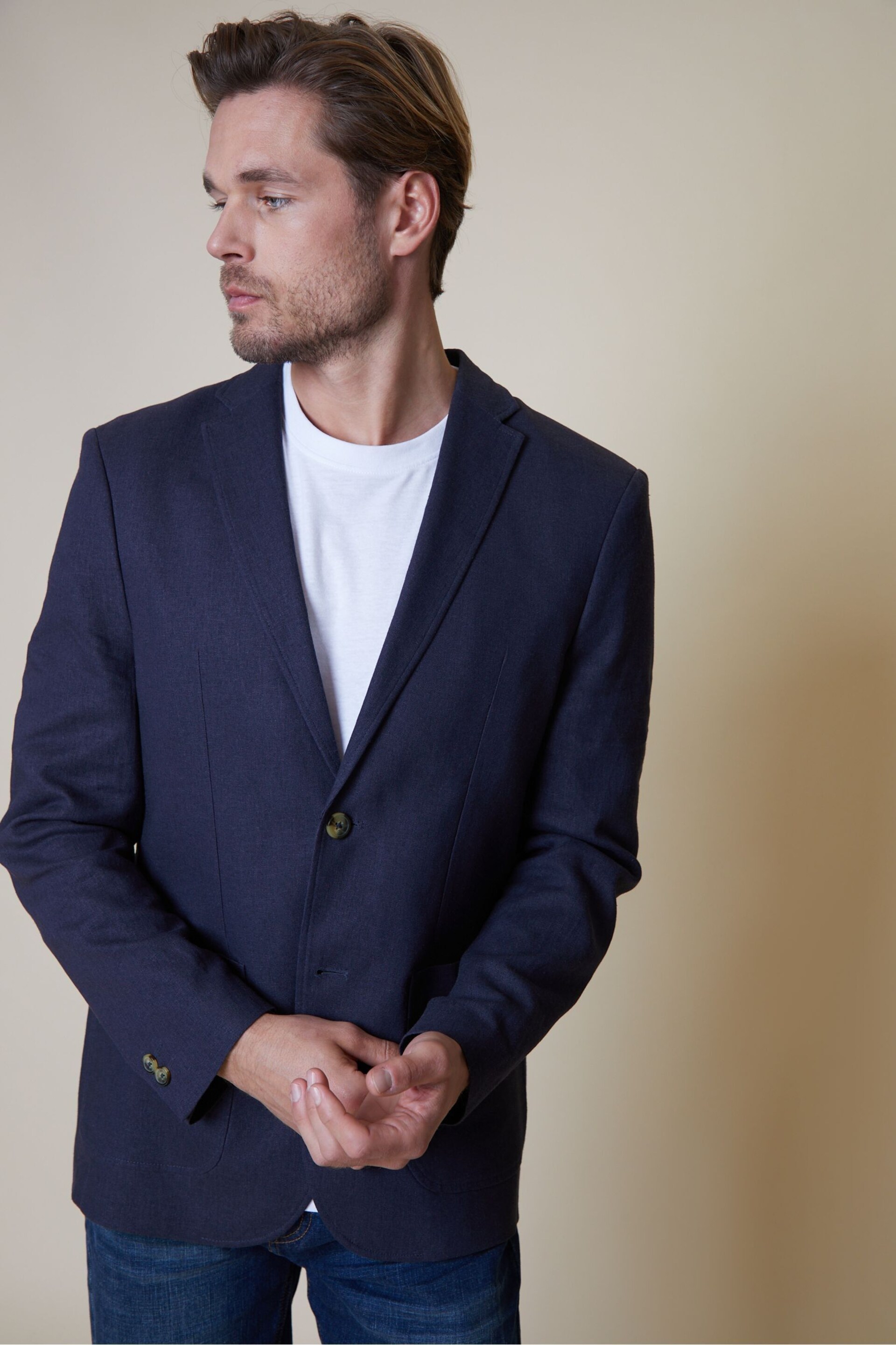 Threadbare Blue Luxe Linen Blend Single Breasted Blazer - Image 3 of 4