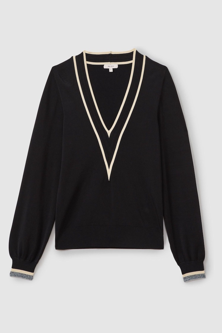 Reiss Black/Cream Faith Contrast Trim V-Neck Jumper - Image 2 of 5