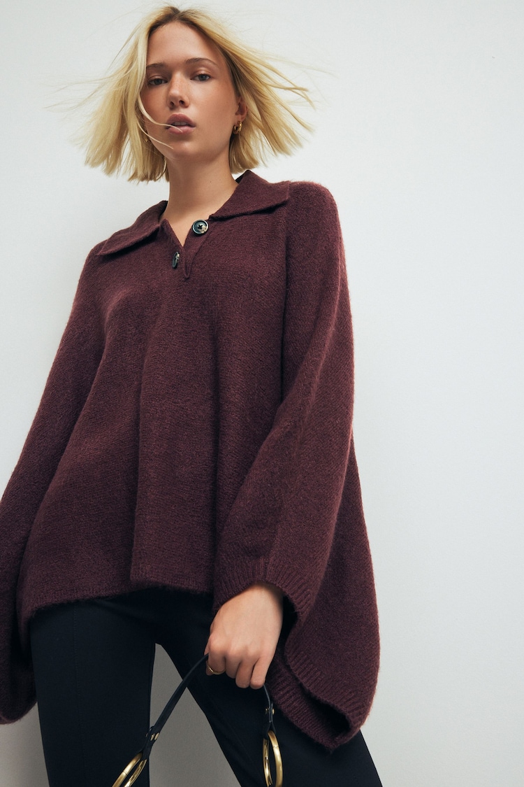 Berry Red Collared Poncho - Image 1 of 4