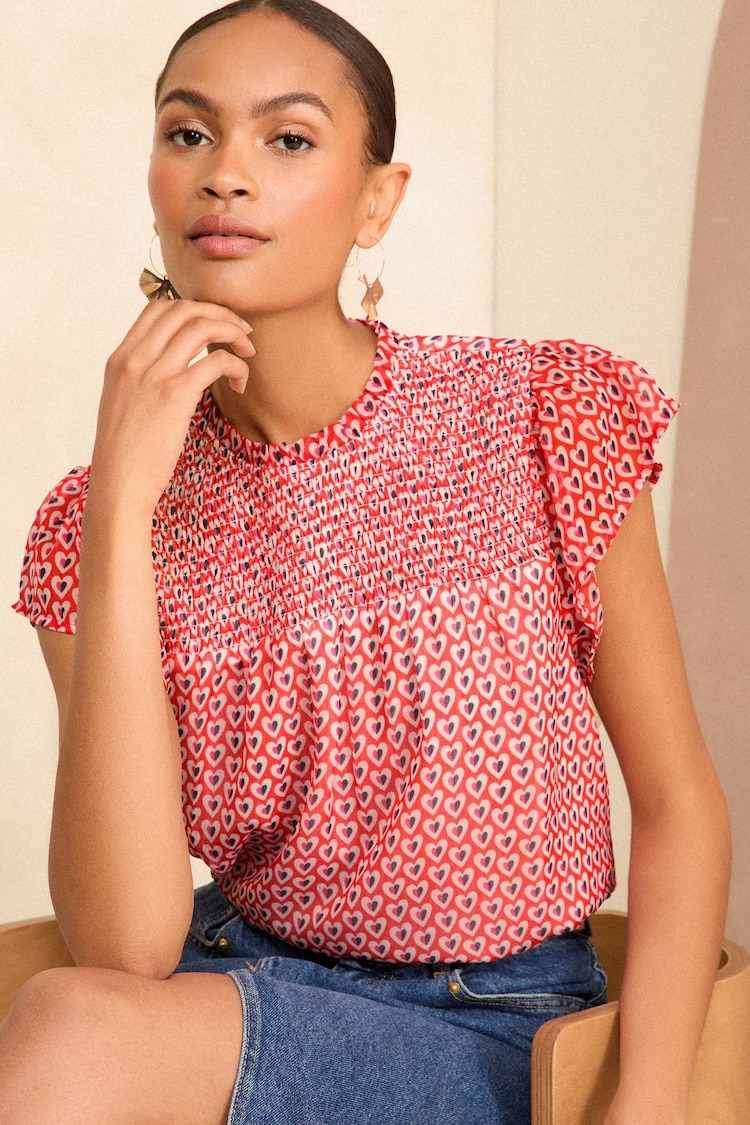 Love & Roses Red Geo Printed Shirred Yoke Shell Top - Image 1 of 4