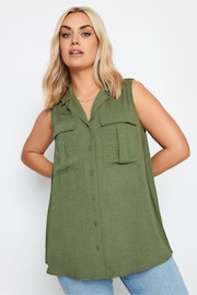 Yours Curve Khaki Green Sleeveless Utility Shirt - Image 1 of 4