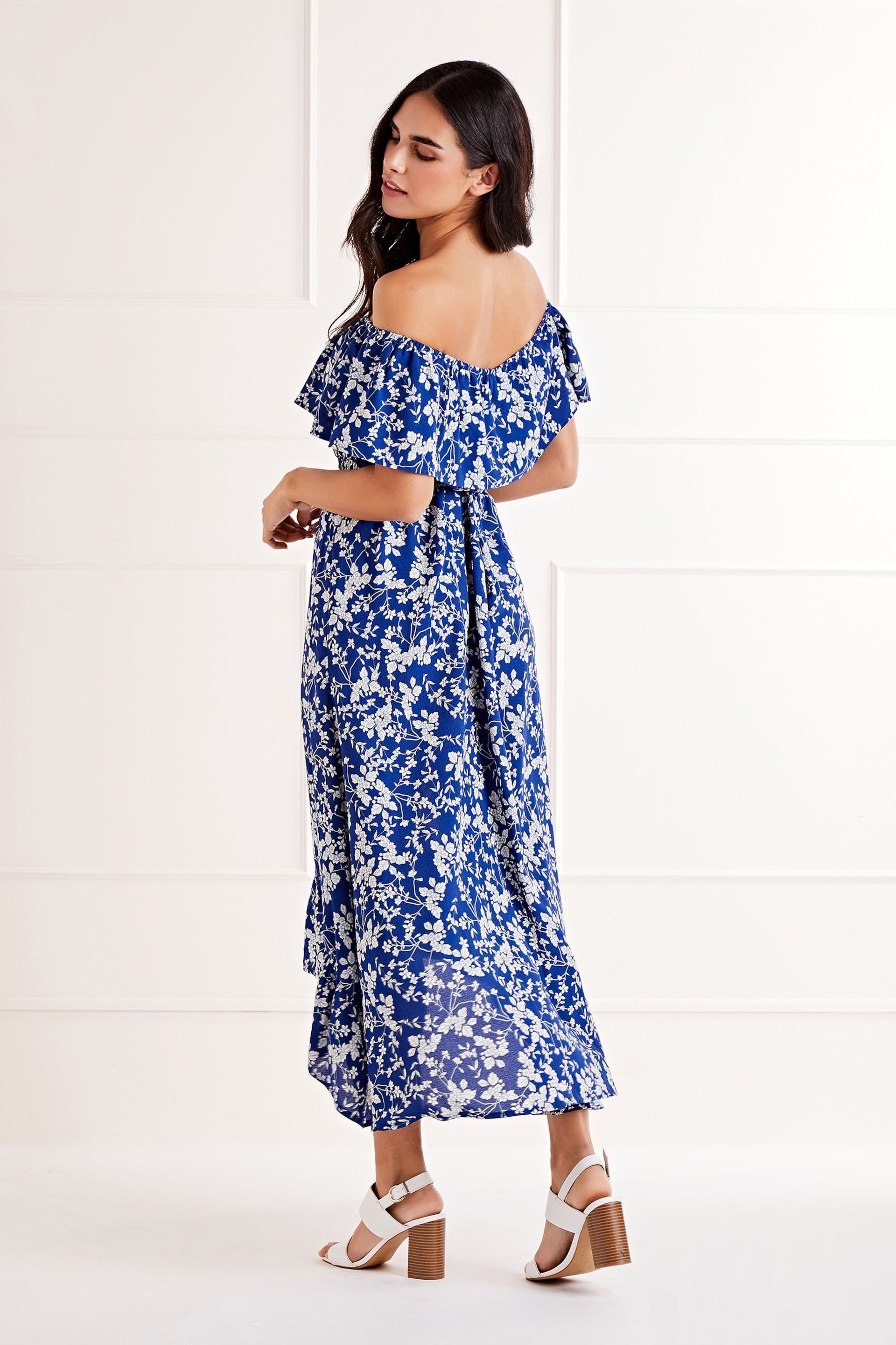 Mela Blue Ditsy Print Bardot Dipped Hem Dress - Image 2 of 4